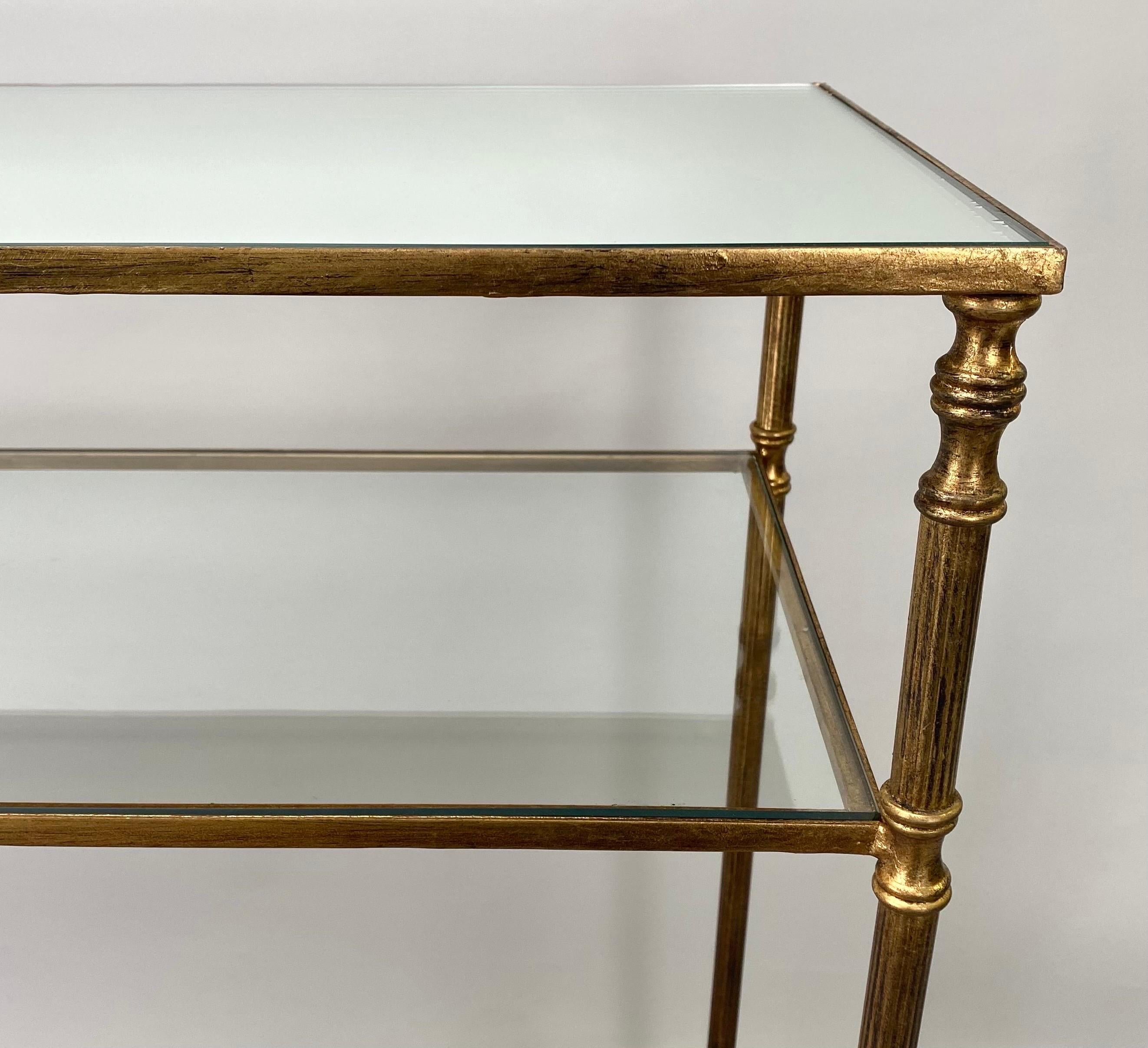 Glass Hollywood Regency Style Console with Mirror Top & Antiqued Gold Iron Frame  For Sale