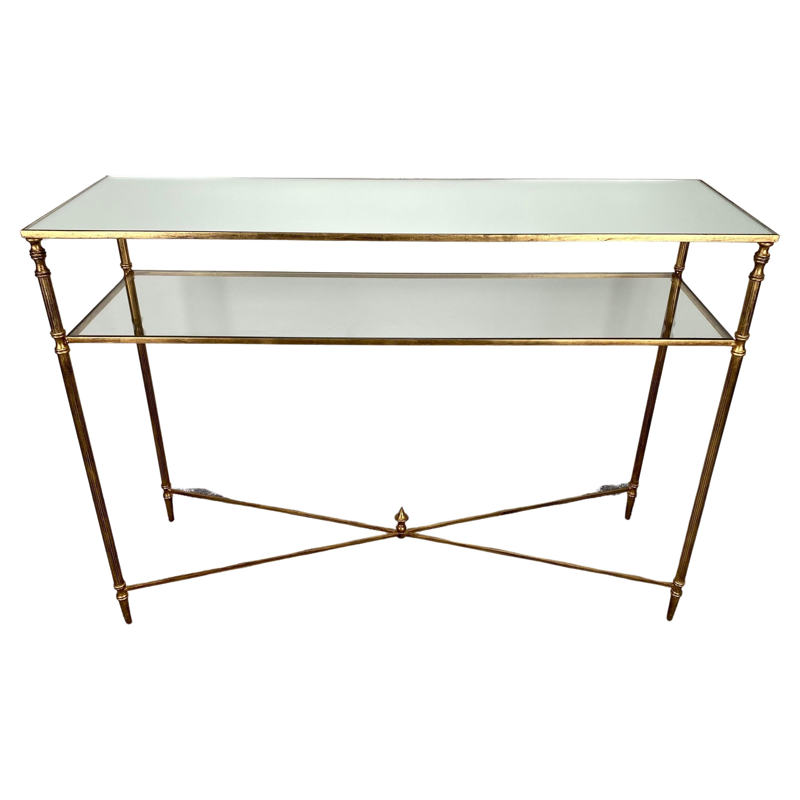 Hollywood Regency Style Console with Mirror Top & Antiqued Gold Iron Frame  For Sale