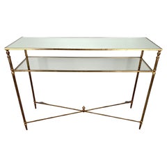 Vintage Hollywood Regency Style Console with Mirror Top & Antiqued Gold Iron Frame 