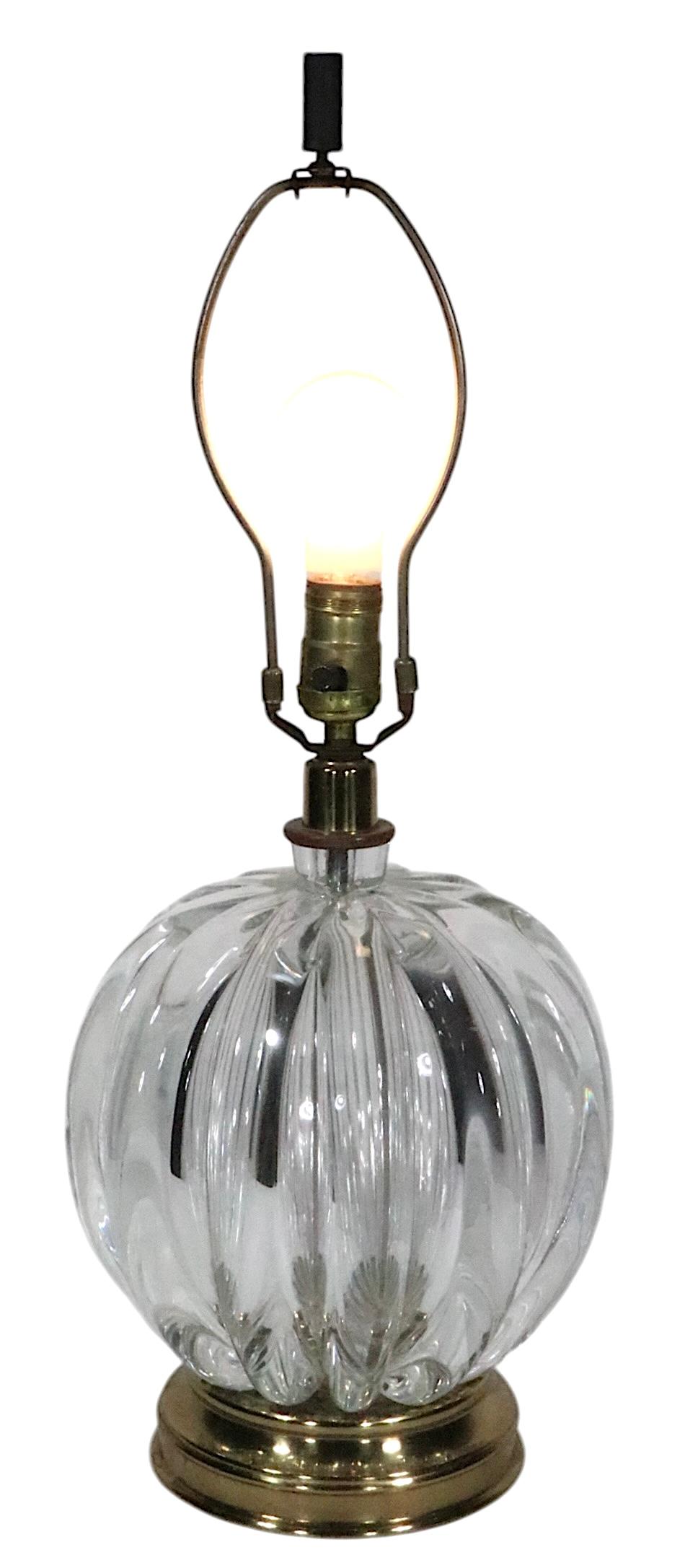 Brass Hollywood Regency Style Crystal Ball Form Table Lamp att. to Seguso For Sale
