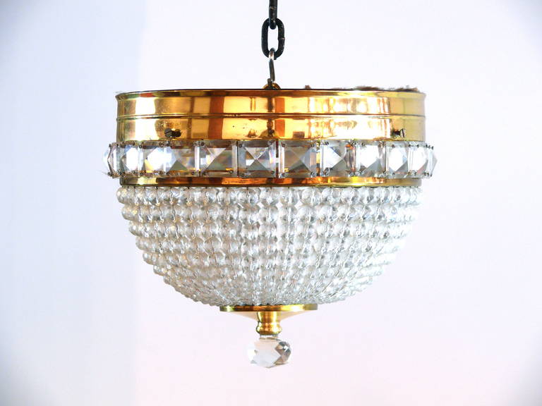 Hollywood Regency French Style brass flush mount chandelier with beaded crystals with two sockets