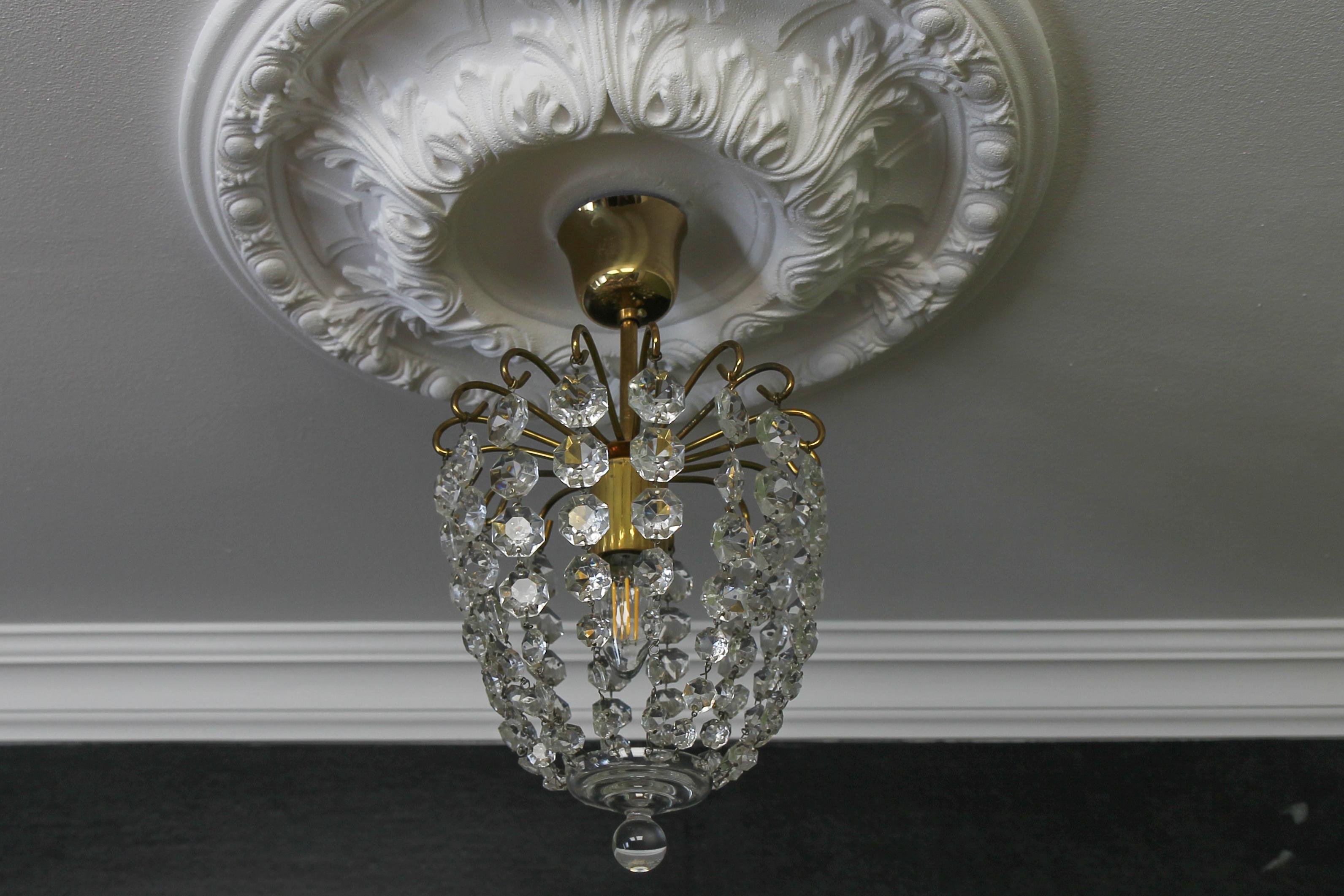 Late 20th Century Hollywood Regency Style Crystal Glass and Brass Ceiling Light, Germany For Sale