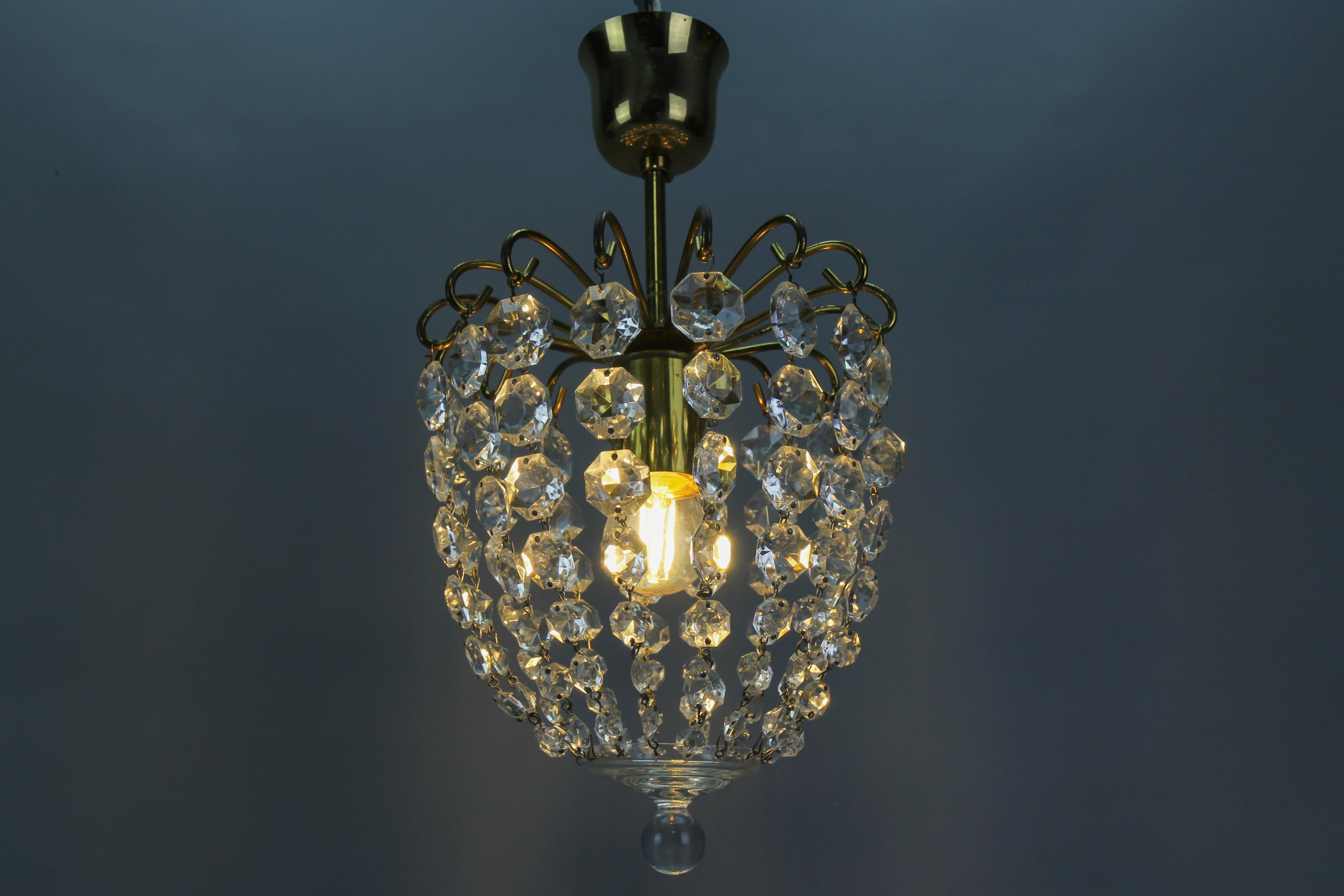 Hollywood Regency Style Crystal Glass and Brass Ceiling Light, Germany For Sale 5