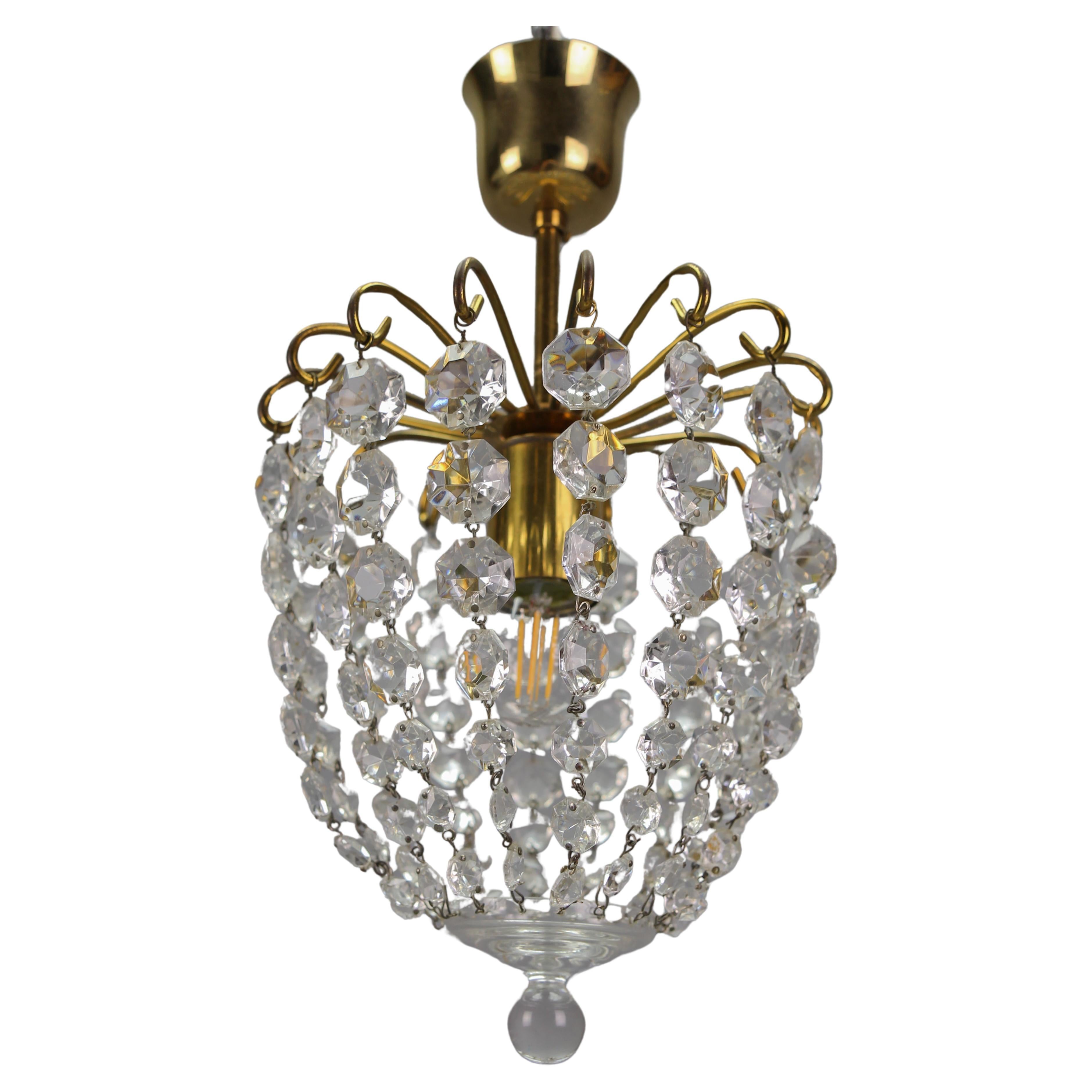 Hollywood Regency Style Crystal Glass and Brass Ceiling Light, Germany For Sale