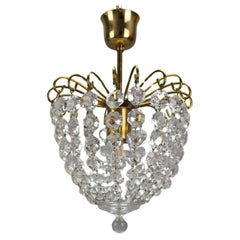 Vintage Hollywood Regency Style Crystal Glass and Brass Pendant Chandelier, Germany