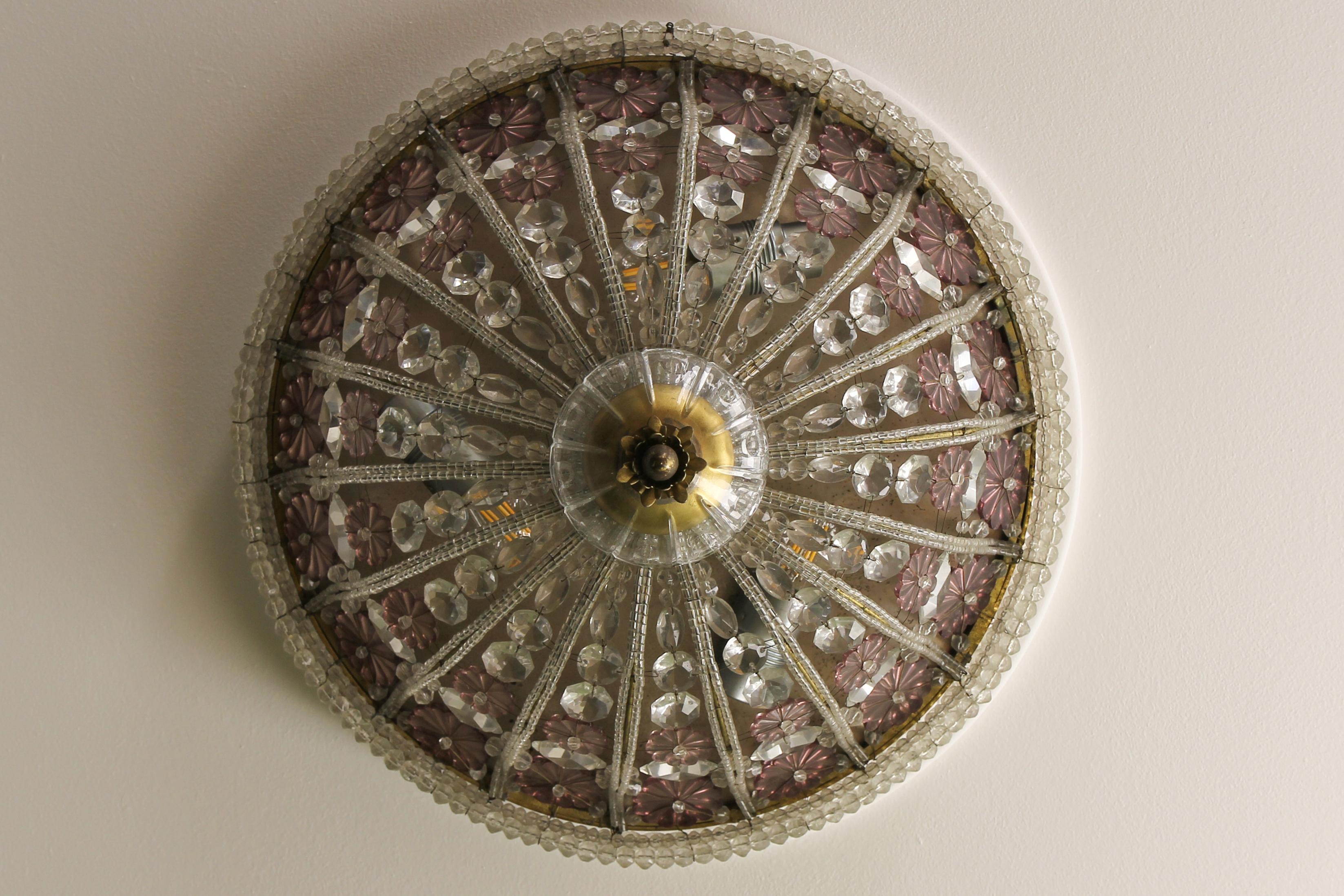 Lámpara empotrada o de pared con flor de cristal estilo Hollywood Regency, años 50 Metal en venta