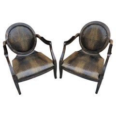 Hollywood Regency Style Custom Ebonized Distressed Walnut Frame Accent Armchairs