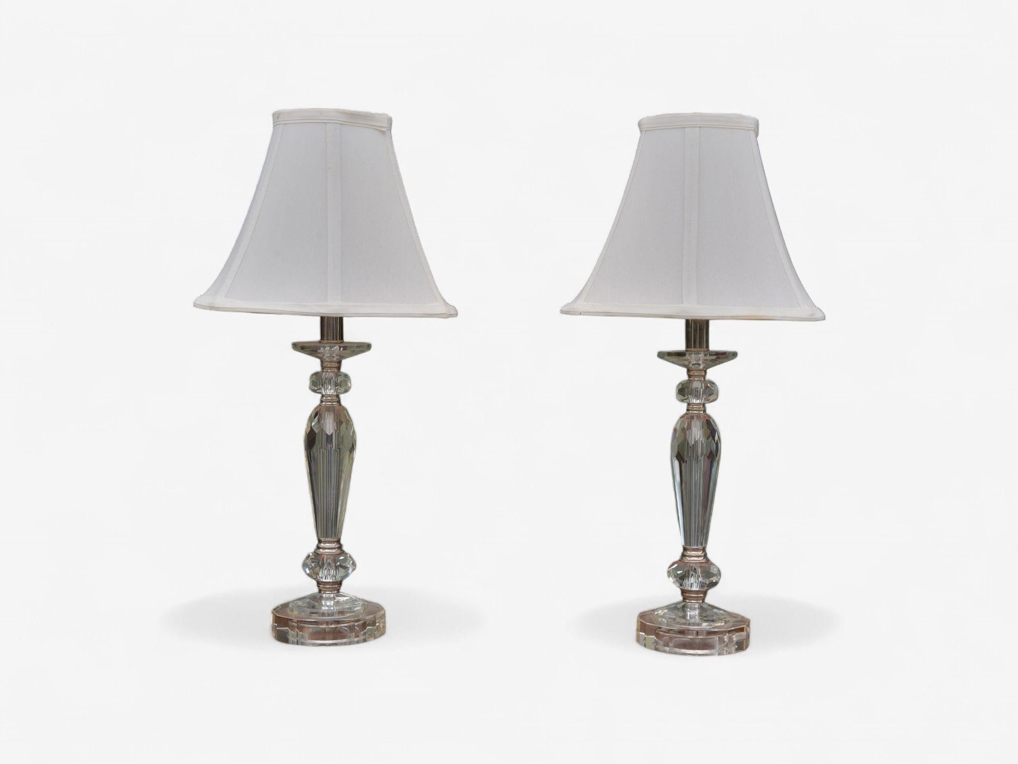 Hollywood Regency Style, Cut Crystal, Fabric, Small Table Lamps, USA, 1970s

Pair of cut crystal diminutive table lamps designed and produced in the United States in the later half of the 20th century.

Cut Crystal, Fabric; United States c.