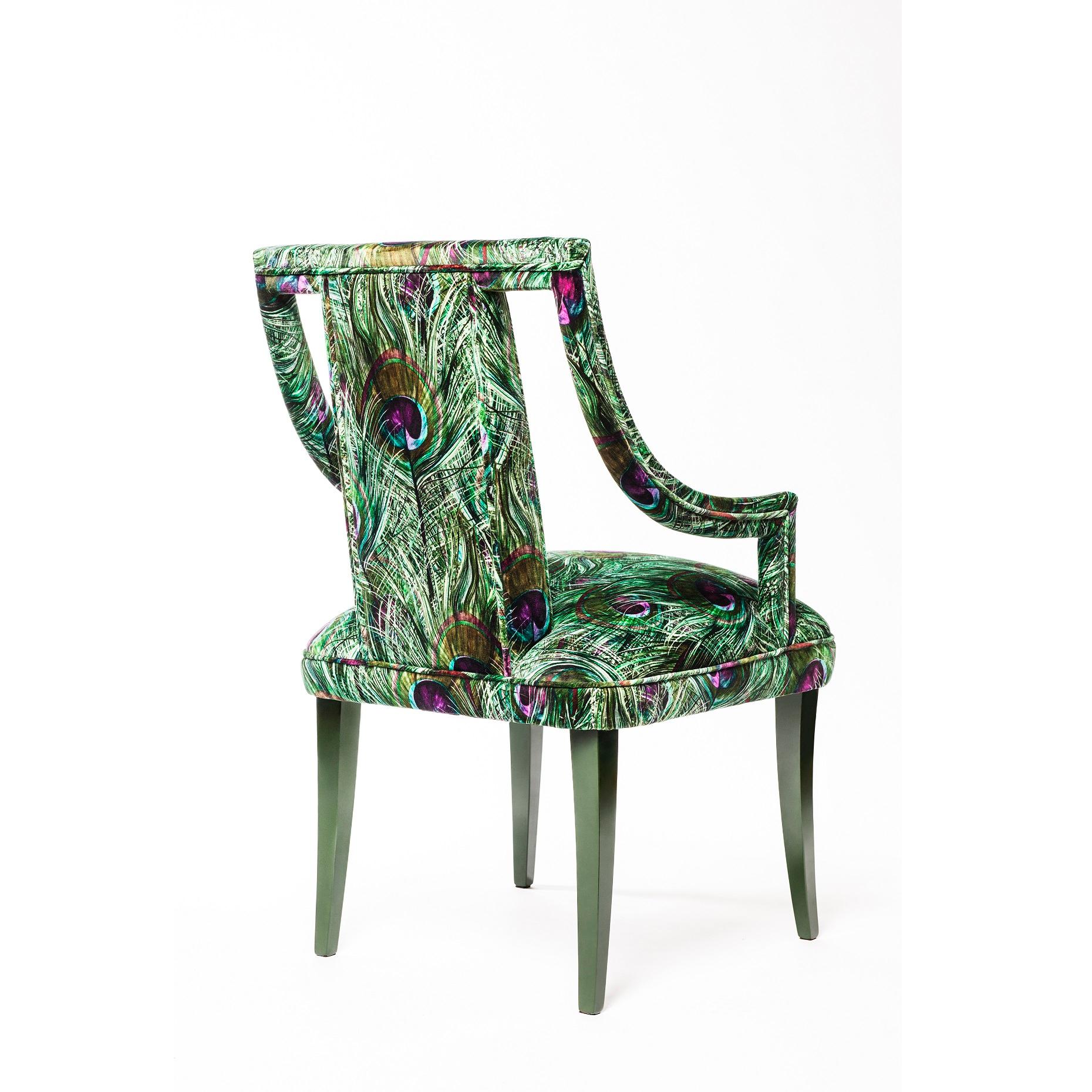 Velvet Hollywood Regency Style Dining Chair with Slimmed Down Armrests For Sale