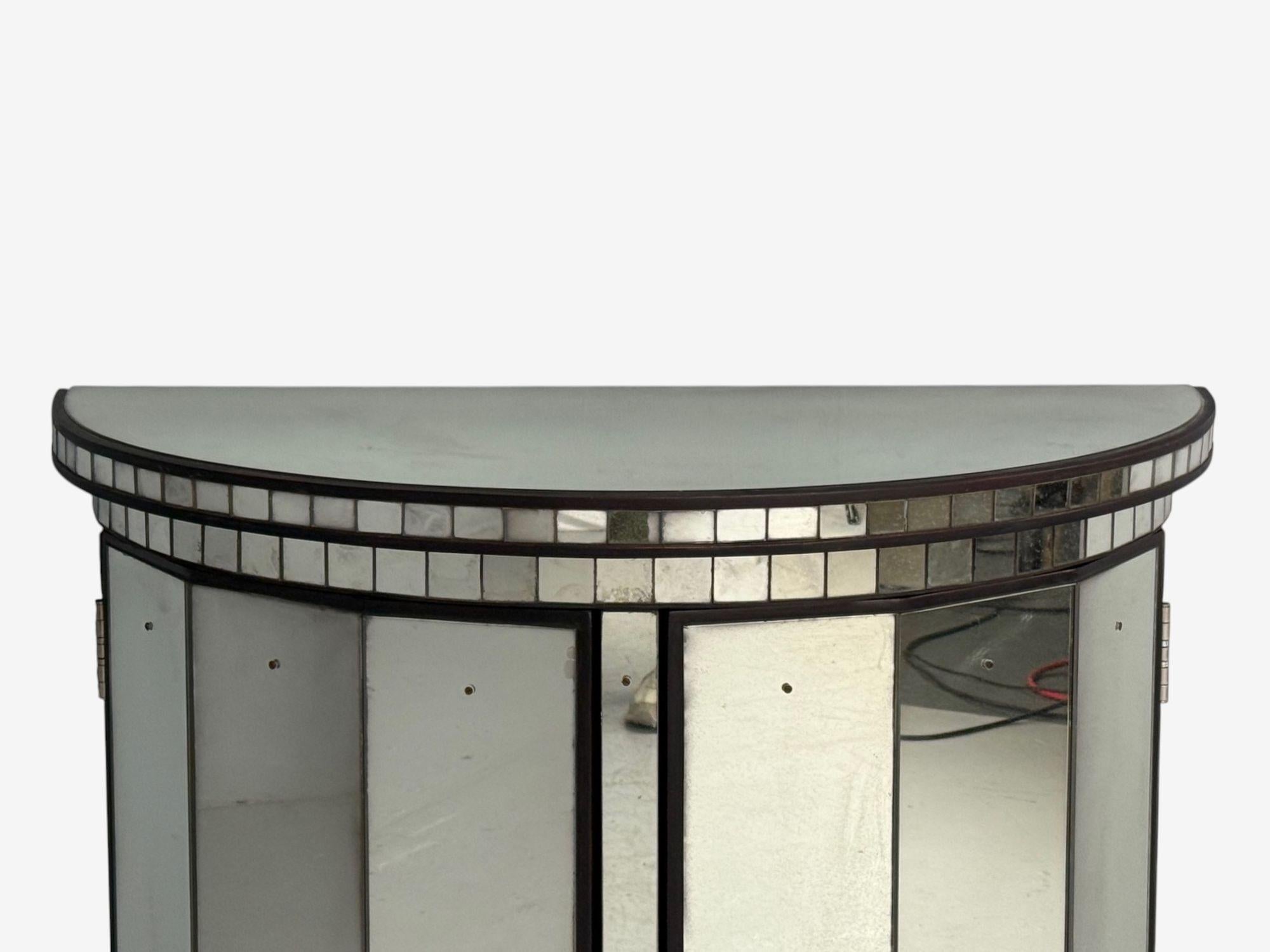 Hollywood Regency Style, Distressed Glass, Mirrored Demilune Cabinet For Sale 1