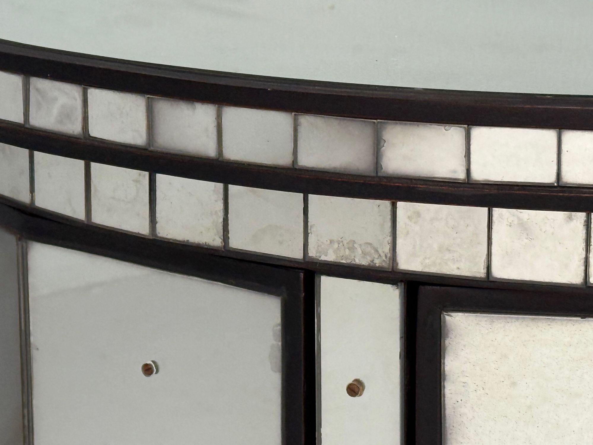 Hollywood Regency Style, Distressed Glass, Mirrored Demilune Cabinet For Sale 2