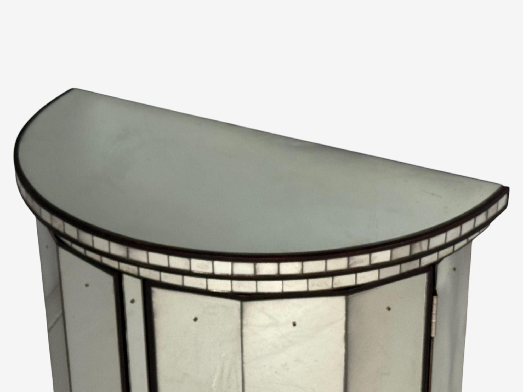 Hollywood Regency Style, Distressed Glass, Mirrored Demilune Cabinet For Sale 3