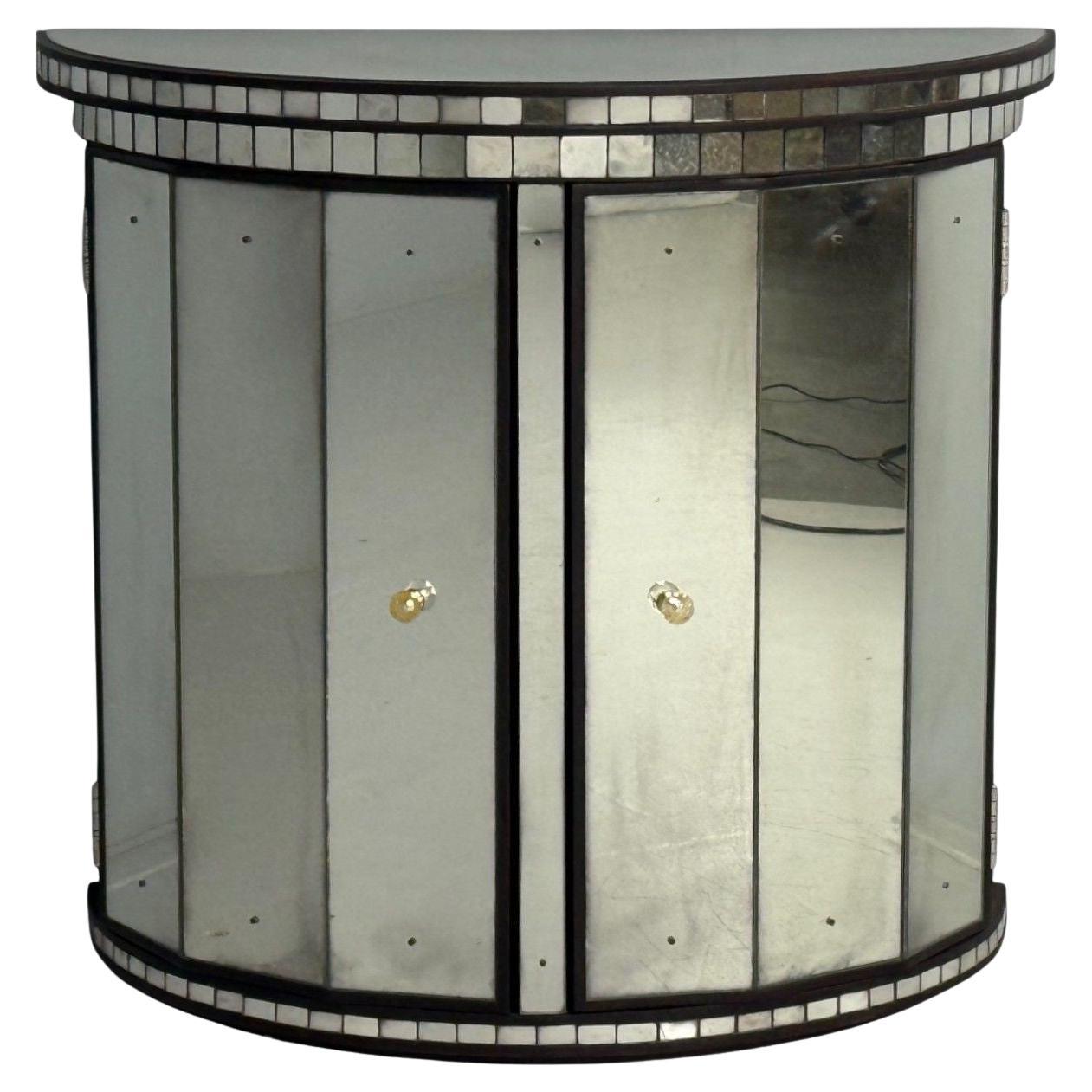 Hollywood Regency Style, Distressed Glass, Mirrored Demilune Cabinet For Sale