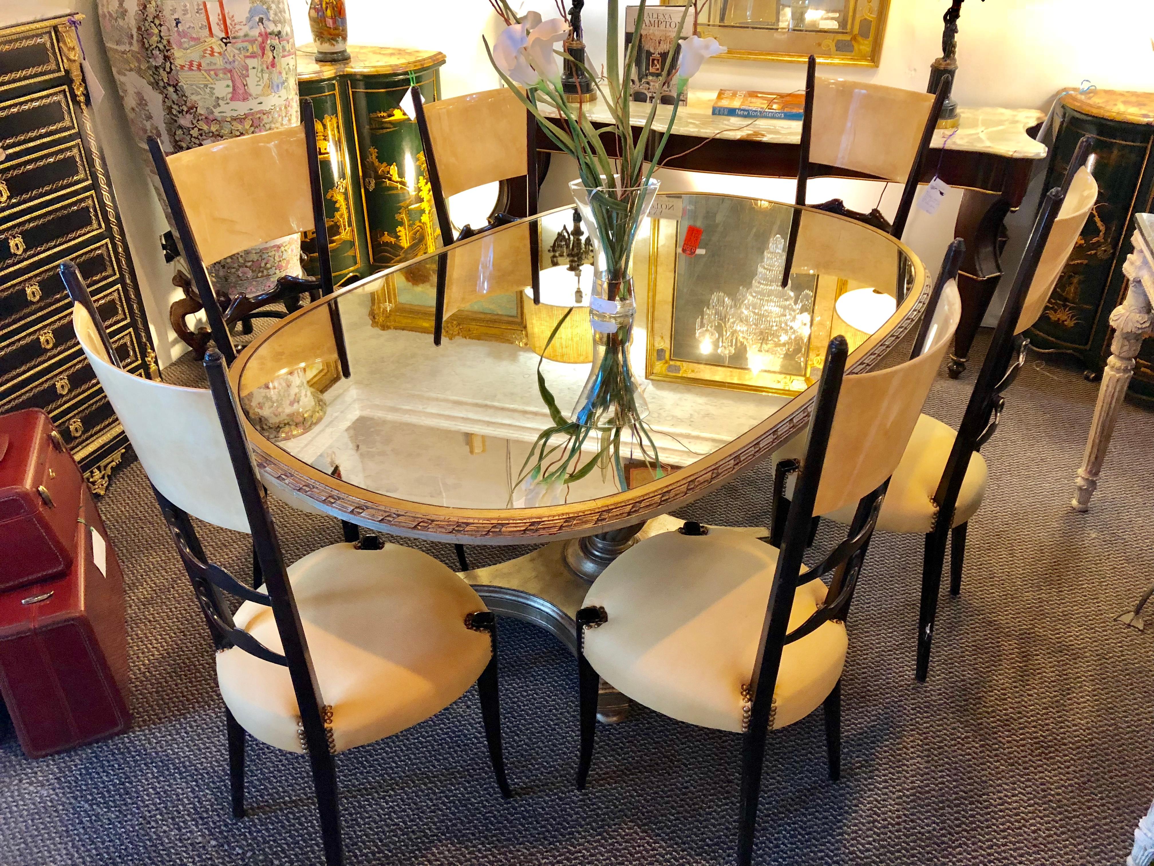 Hollywood Regency Style Distressed Silver & Gold Leaf Mirrored Top Dining Table 6