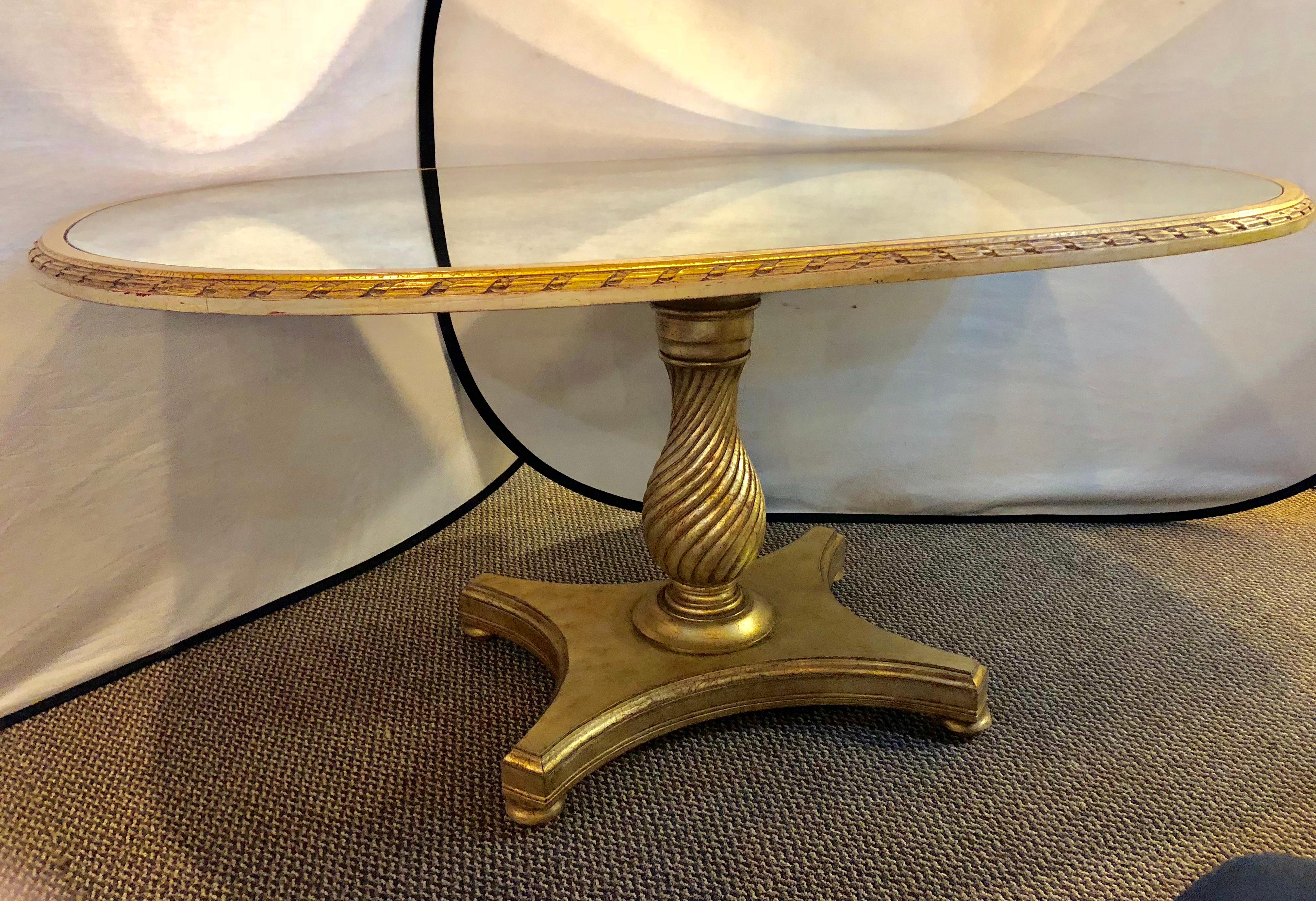 Hollywood Regency Style Distressed Silver & Gold Leaf Mirrored Top Dining Table In Good Condition In Stamford, CT