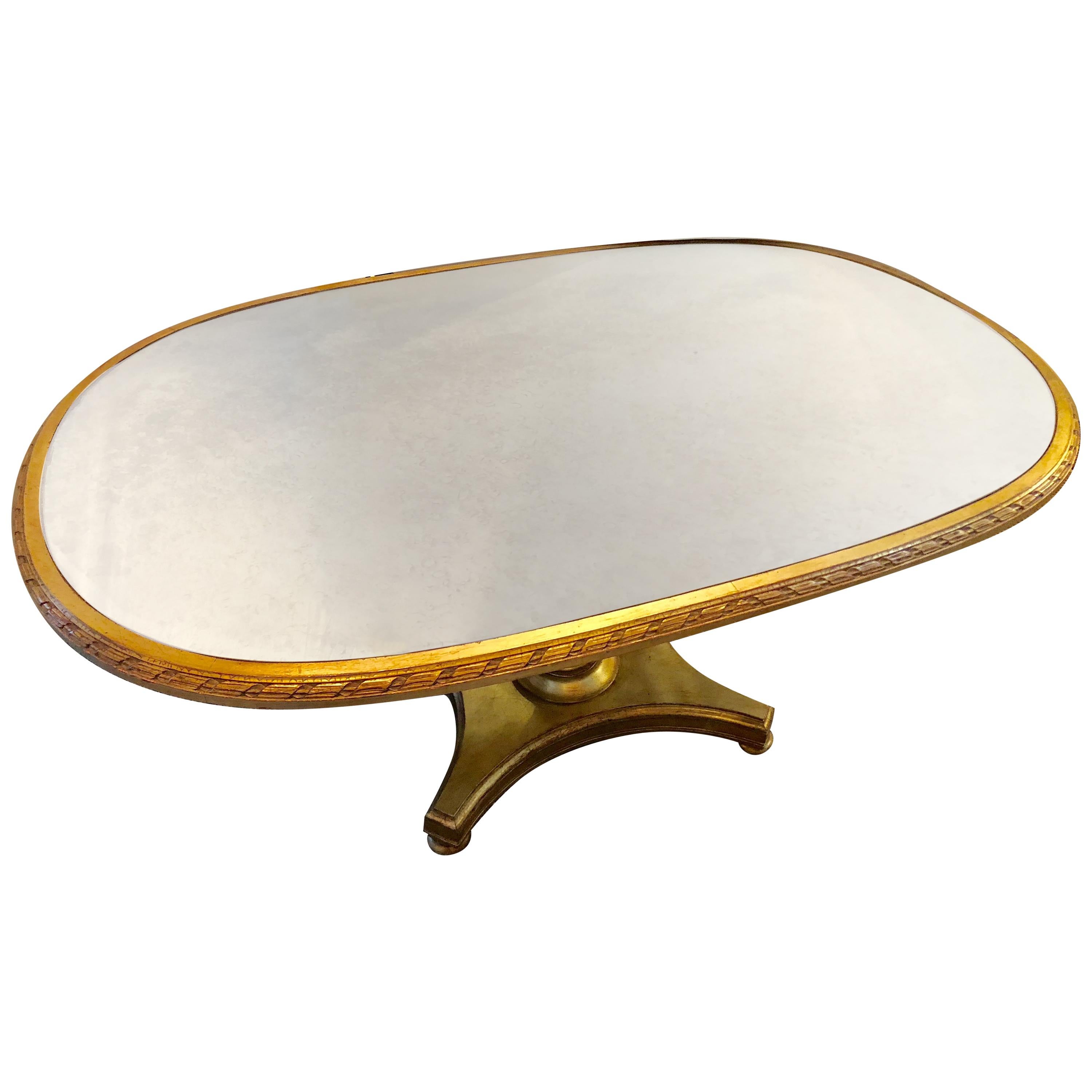 Hollywood Regency Style Distressed Silver & Gold Leaf Mirrored Top Dining Table