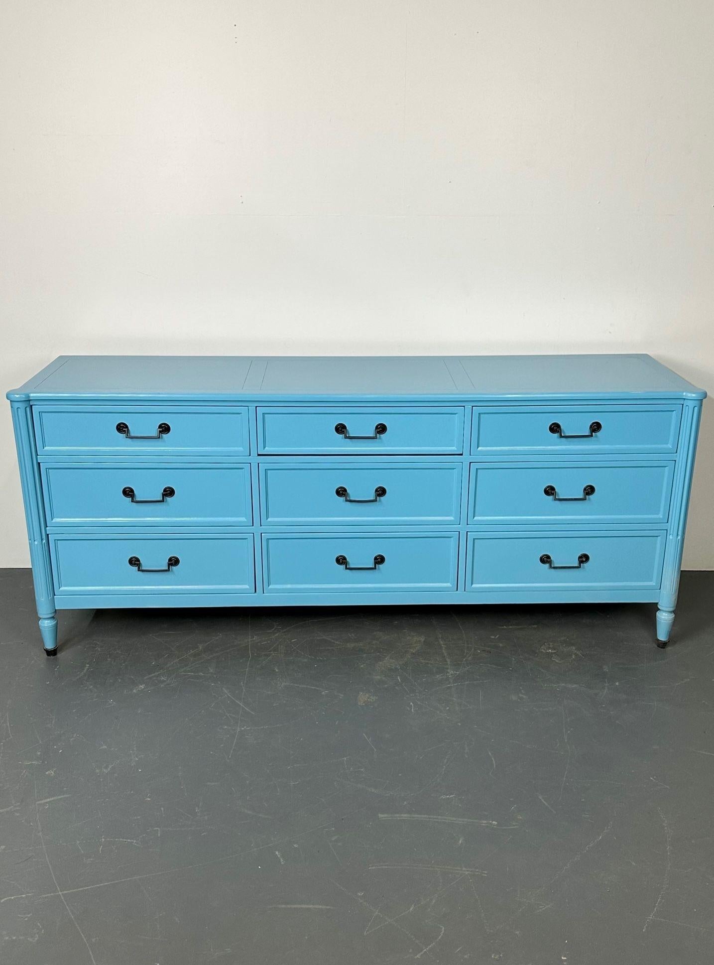 Hollywood Regency Style Dresser / Sideboard, Cerulean Blue Lacquer, Baker In Good Condition For Sale In Stamford, CT