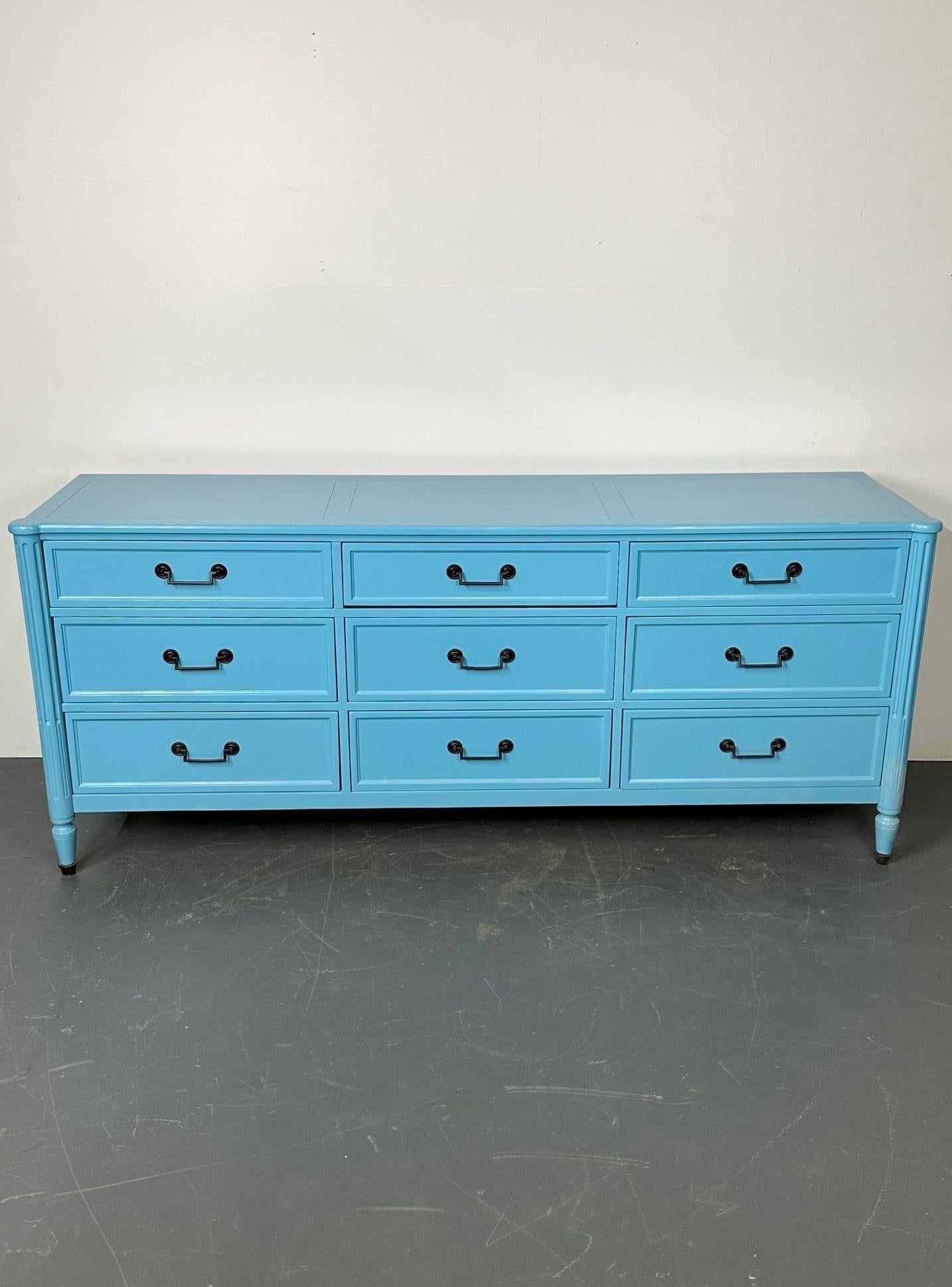 American Hollywood Regency Style Dresser / Sideboard, Cerulean Blue Lacquer, Baker For Sale