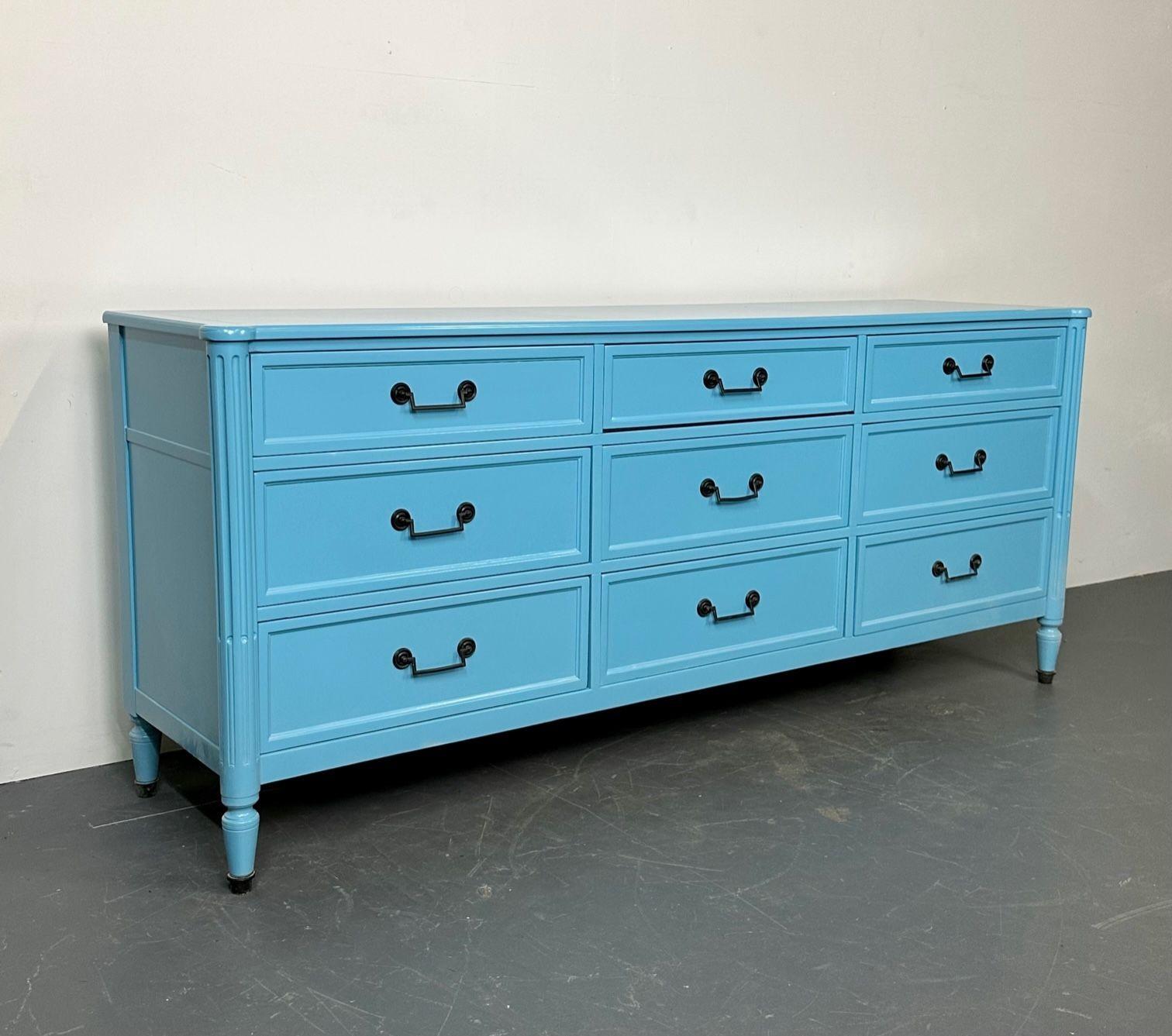20th Century Hollywood Regency Style Dresser / Sideboard, Cerulean Blue Lacquer, Baker For Sale