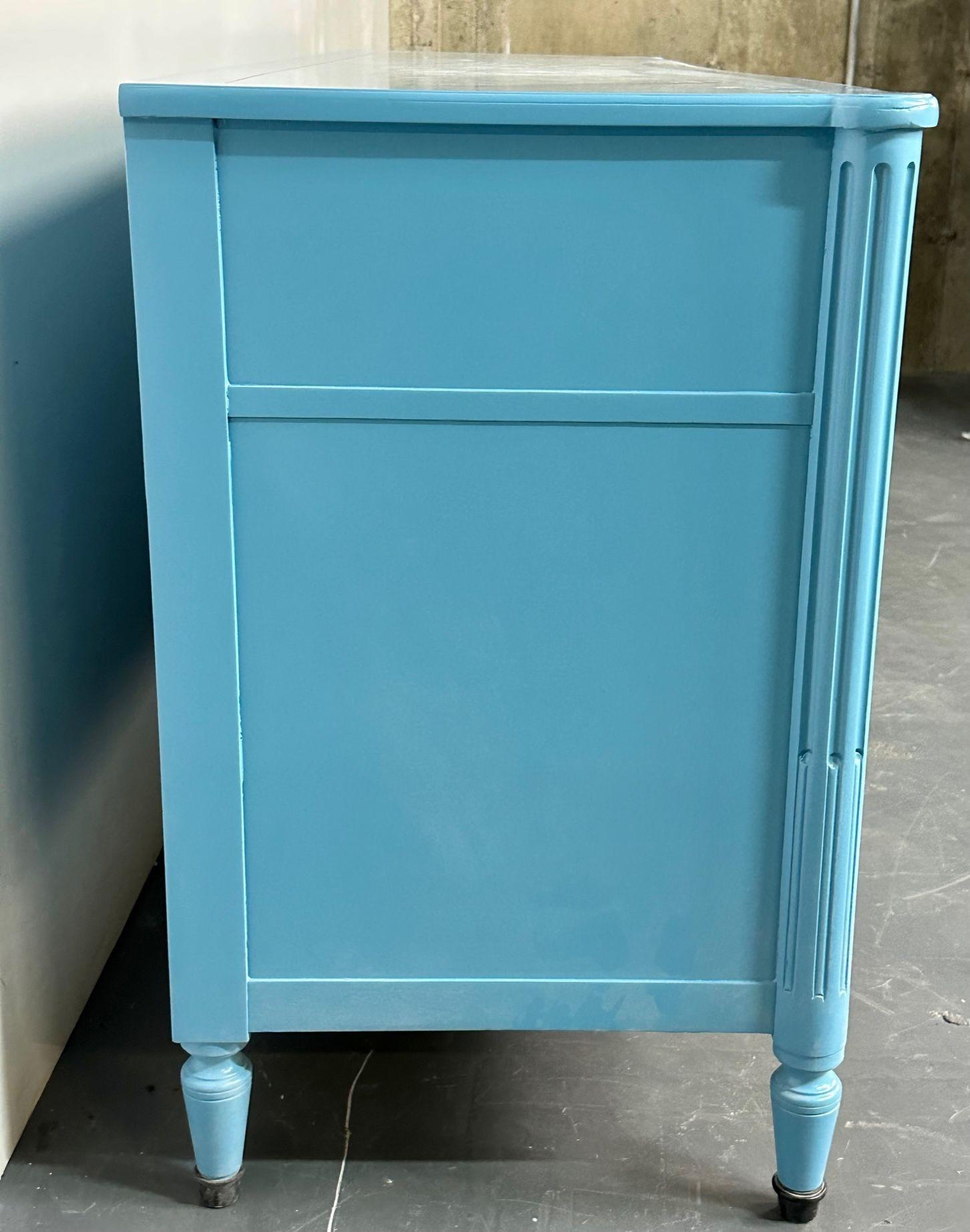 Brass Hollywood Regency Style Dresser / Sideboard, Cerulean Blue Lacquer, Baker For Sale