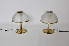 Hollywood Regency Style Duo Pair Brass Glass Table Lamps Italy 1970s