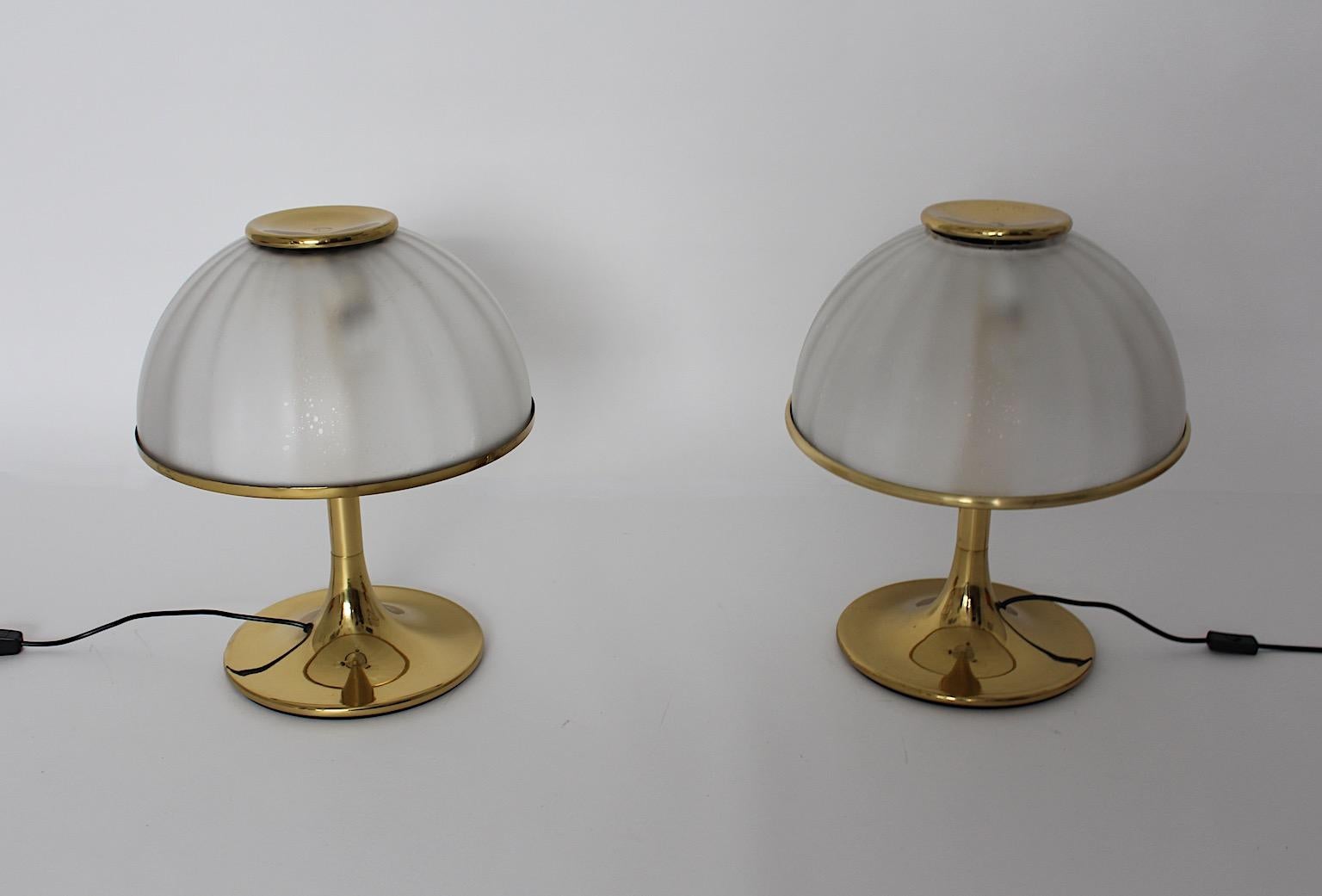 Italian Hollywood Regency Style Duo Pair Brass Glass Table Lamps Italy 1970s For Sale