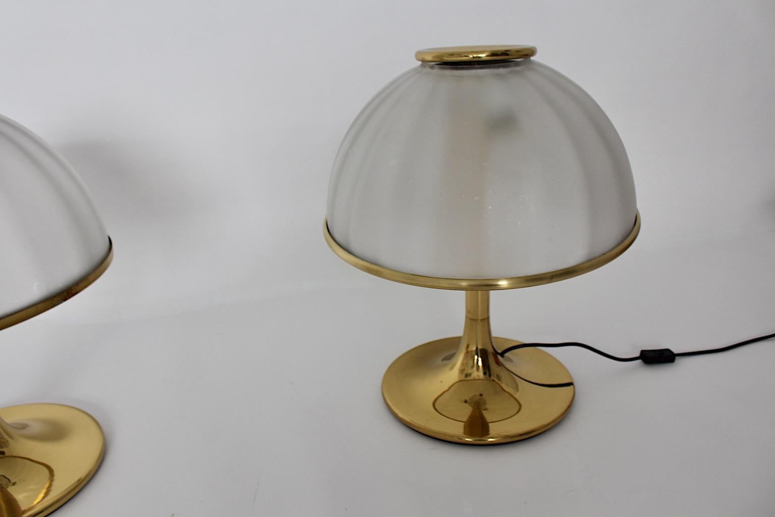 20th Century Hollywood Regency Style Duo Pair Brass Glass Table Lamps Italy 1970s For Sale