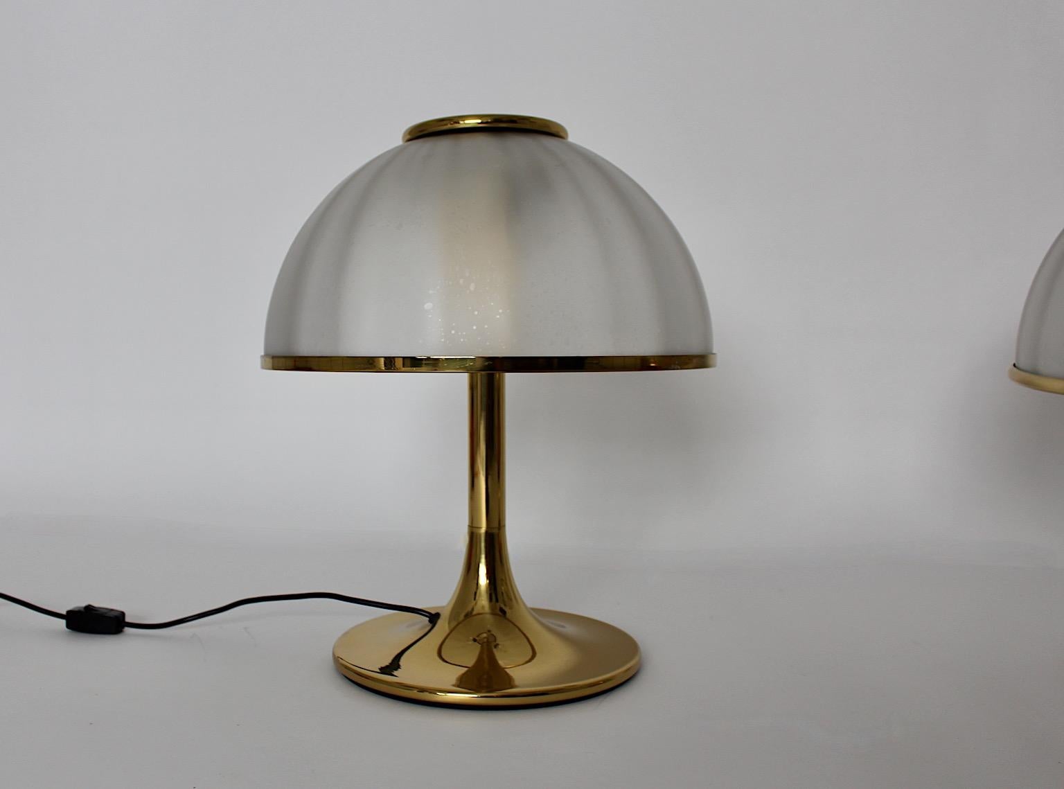 Hollywood Regency Style Duo Pair Brass Glass Table Lamps Italy 1970s For Sale 1