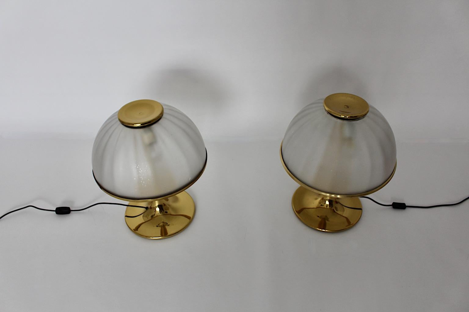 Hollywood Regency Style Duo Pair Brass Glass Table Lamps Italy 1970s For Sale 3