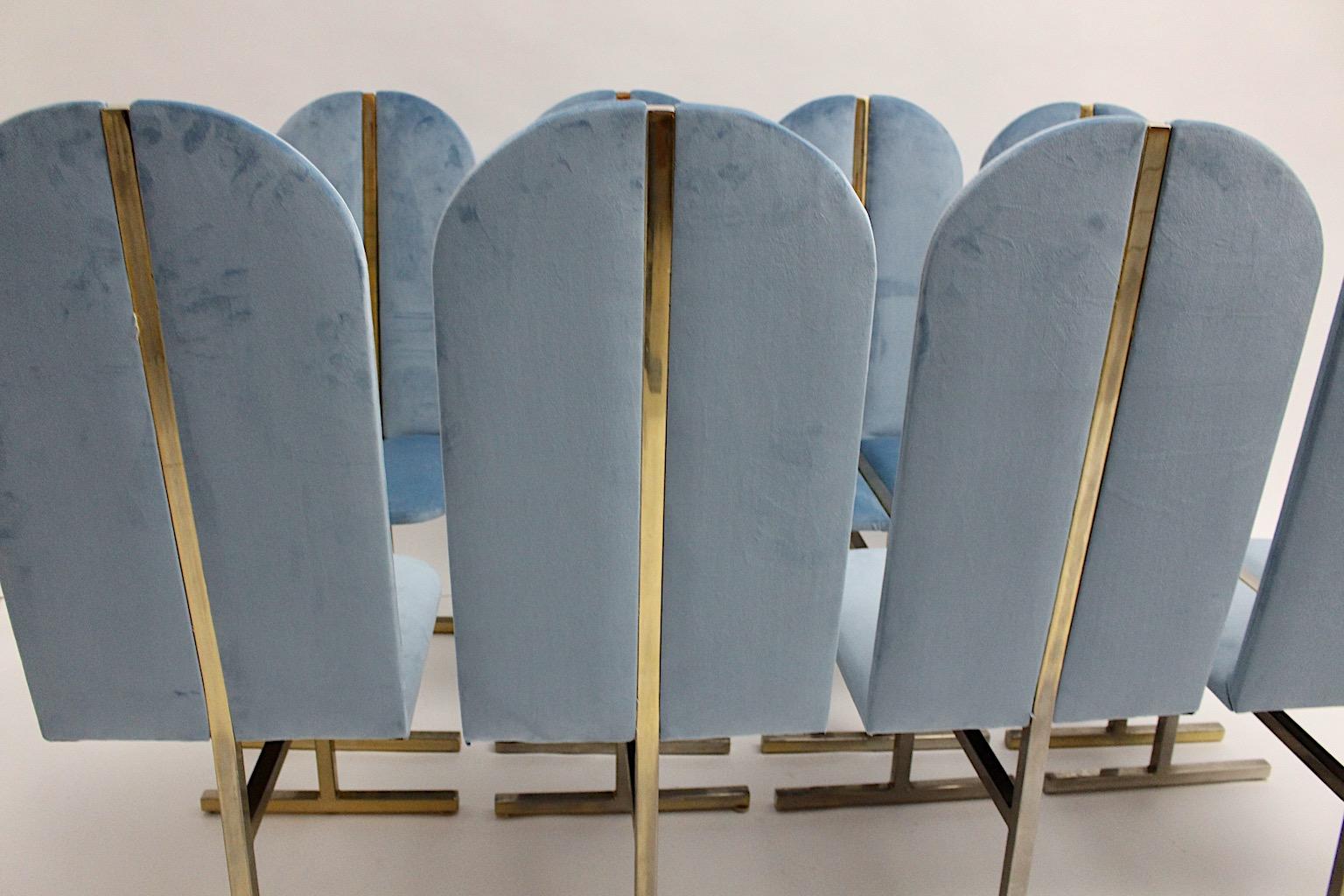 Hollywood Regency Style Eight Vintage Brass Blue Velvet Dining Chairs Italy 1970 12