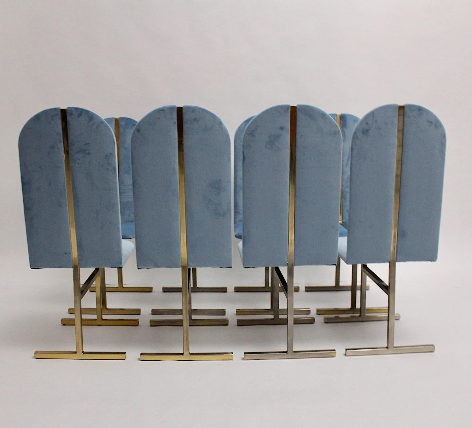 Hollywood Regency Style Eight Vintage Brass Blue Velvet Dining Chairs Italy 1970 14