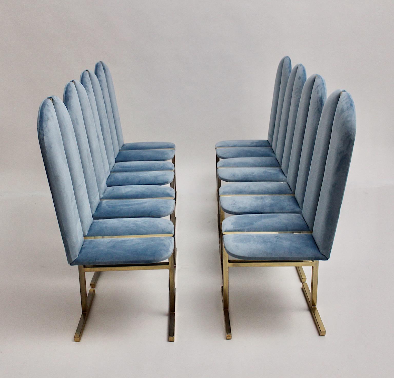Hollywood Regency style set of eight dining chairs or chairs from nickel plated brass designed and manufactured 1970s Italy.
The dining chairs were made of square shaped metal tubes which form a comfortable and sophisticated construction. The