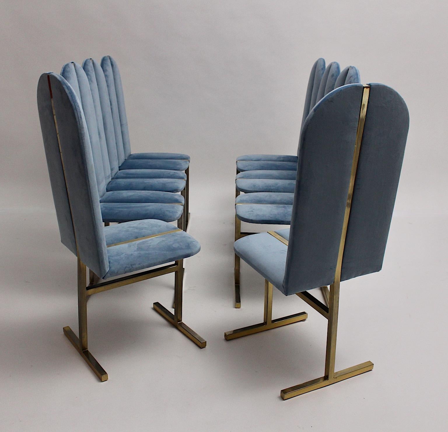 Hollywood Regency Style Eight Vintage Brass Blue Velvet Dining Chairs Italy 1970 15