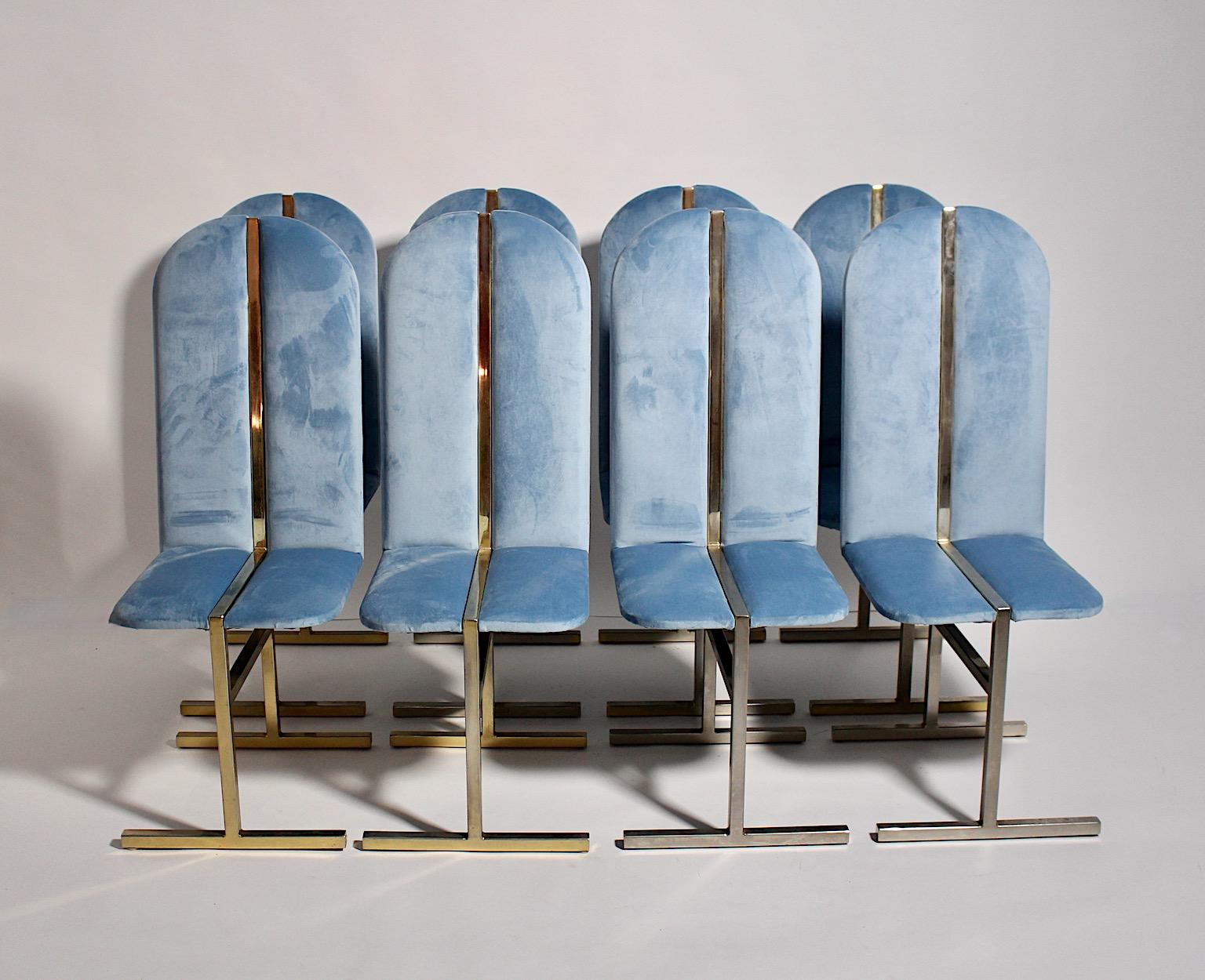 Hollywood Regency Style Eight Vintage Brass Blue Velvet Dining Chairs Italy 1970 In Fair Condition In Vienna, AT