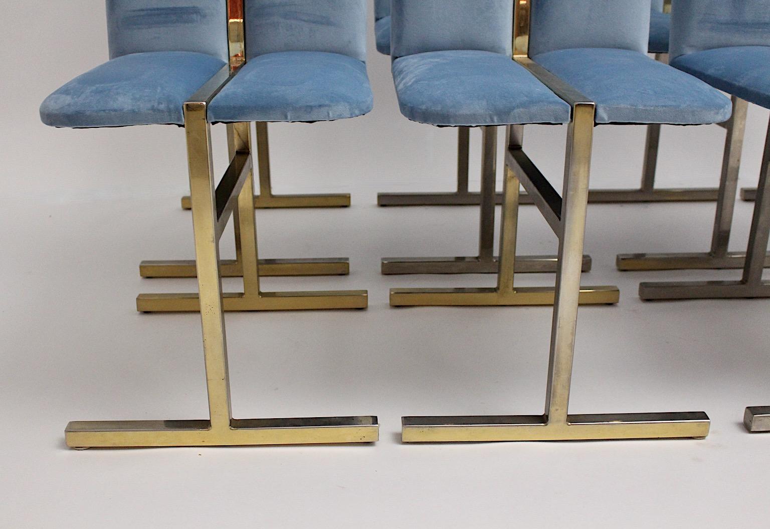 Late 20th Century Hollywood Regency Style Eight Vintage Brass Blue Velvet Dining Chairs Italy 1970