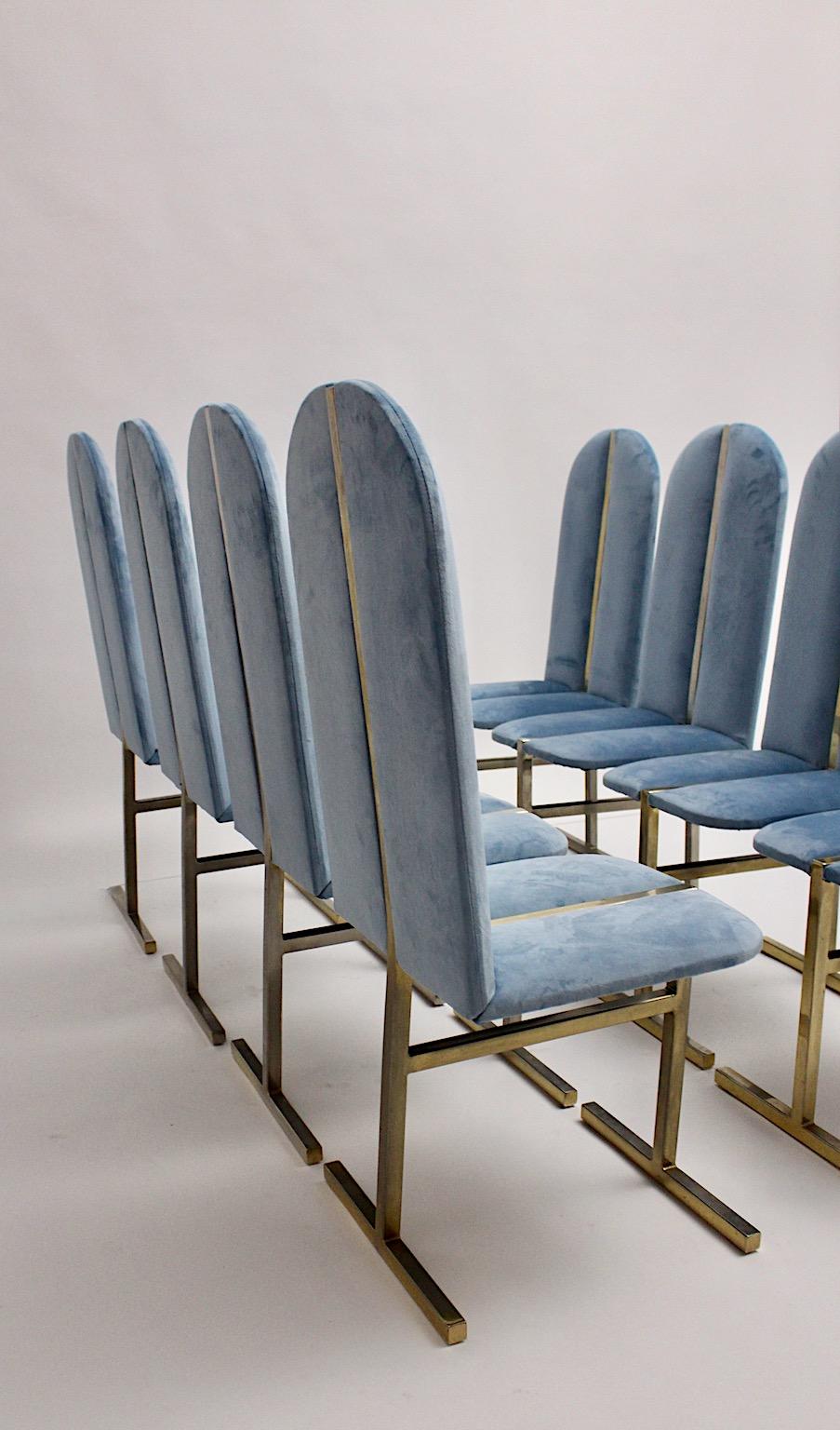 Hollywood Regency Style Eight Vintage Brass Blue Velvet Dining Chairs Italy 1970 3