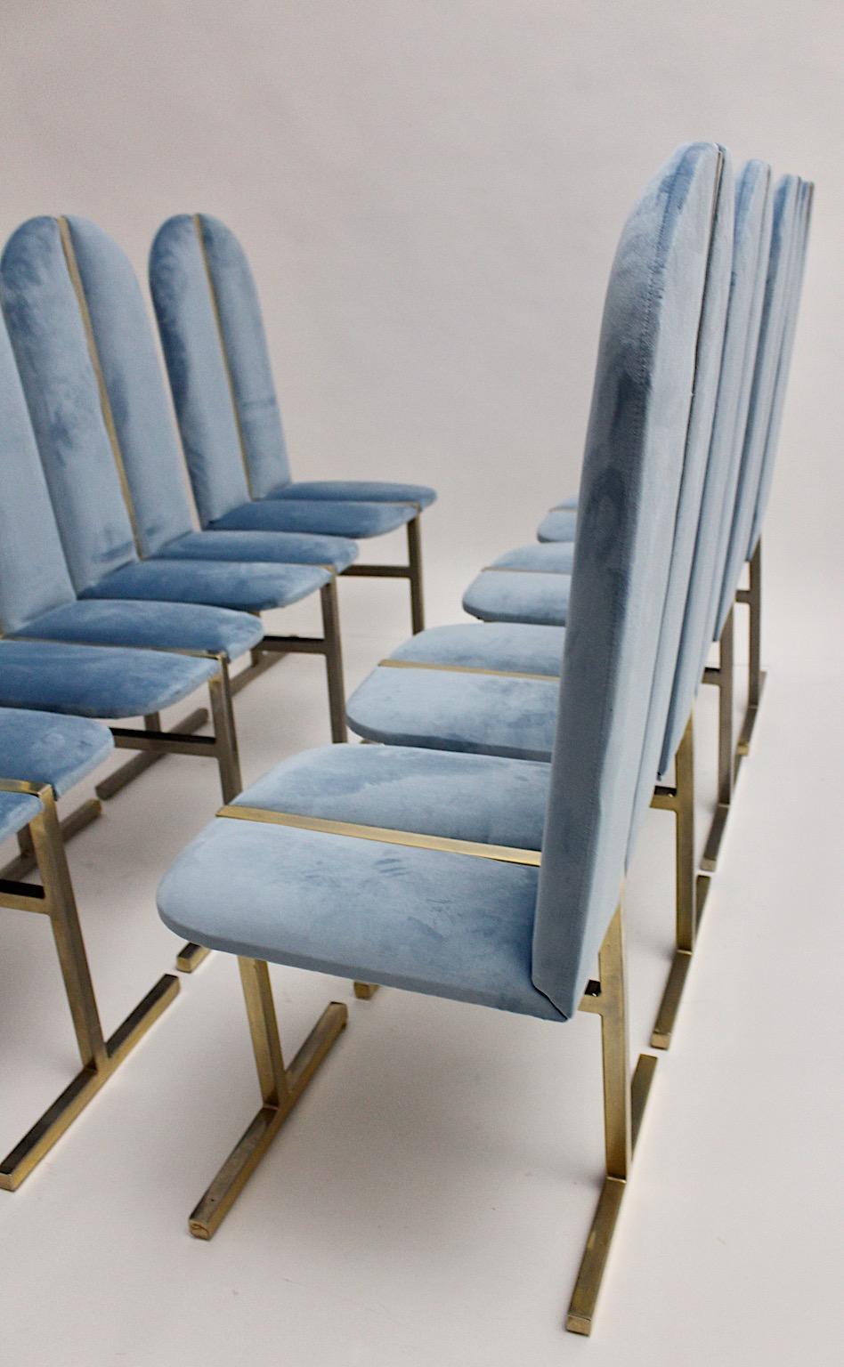 Hollywood Regency Style Eight Vintage Brass Blue Velvet Dining Chairs Italy 1970 4