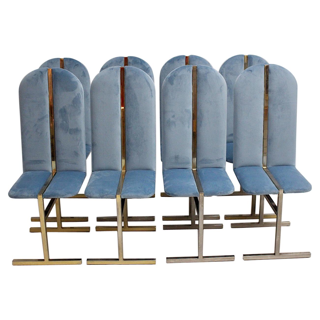 Hollywood Regency Style Eight Vintage Brass Blue Velvet Dining Chairs Italy 1970