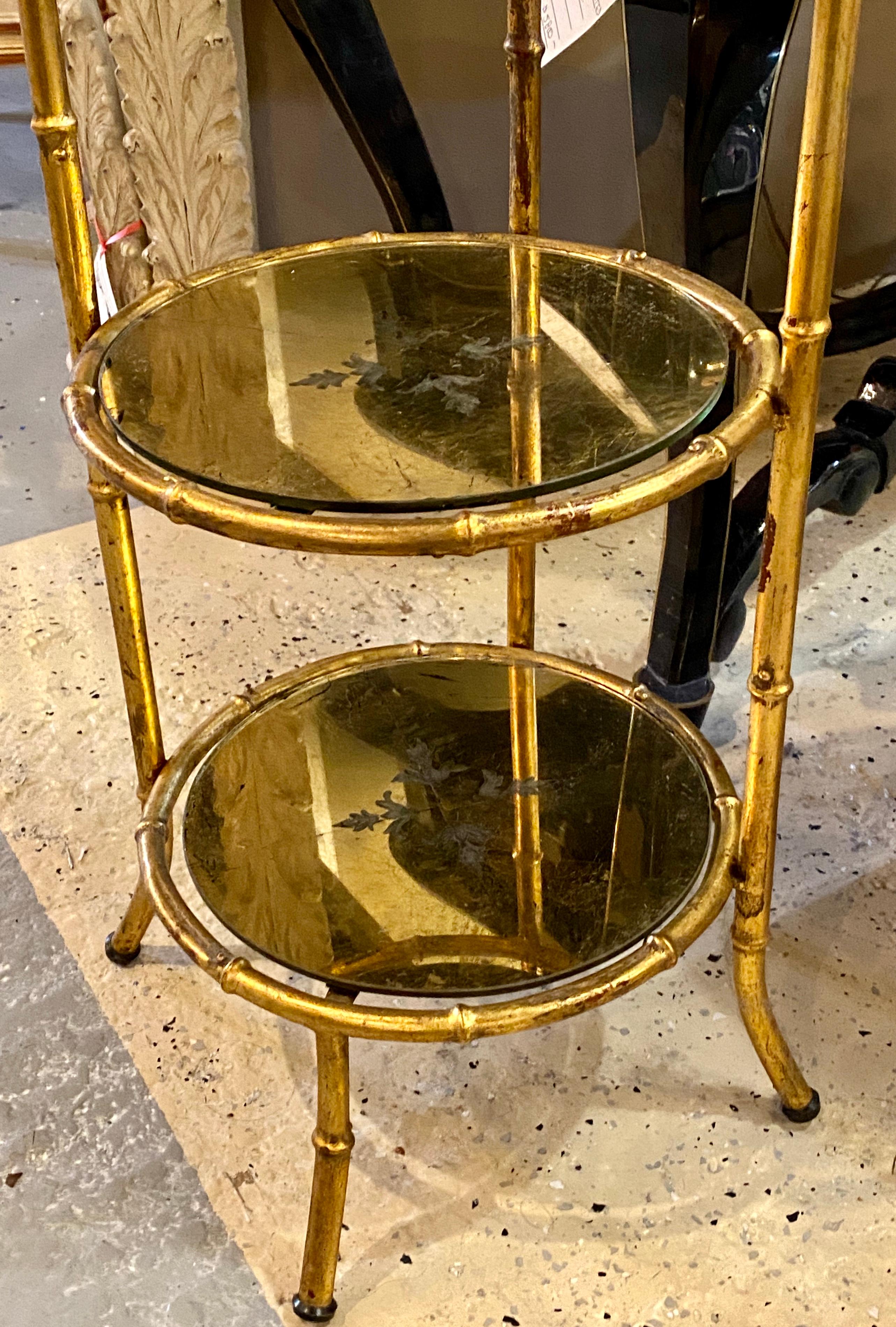 20th Century Hollywood Regency Style Faux Bamboo Églomisé Glass Three-Tier Ètagerè / Stand For Sale