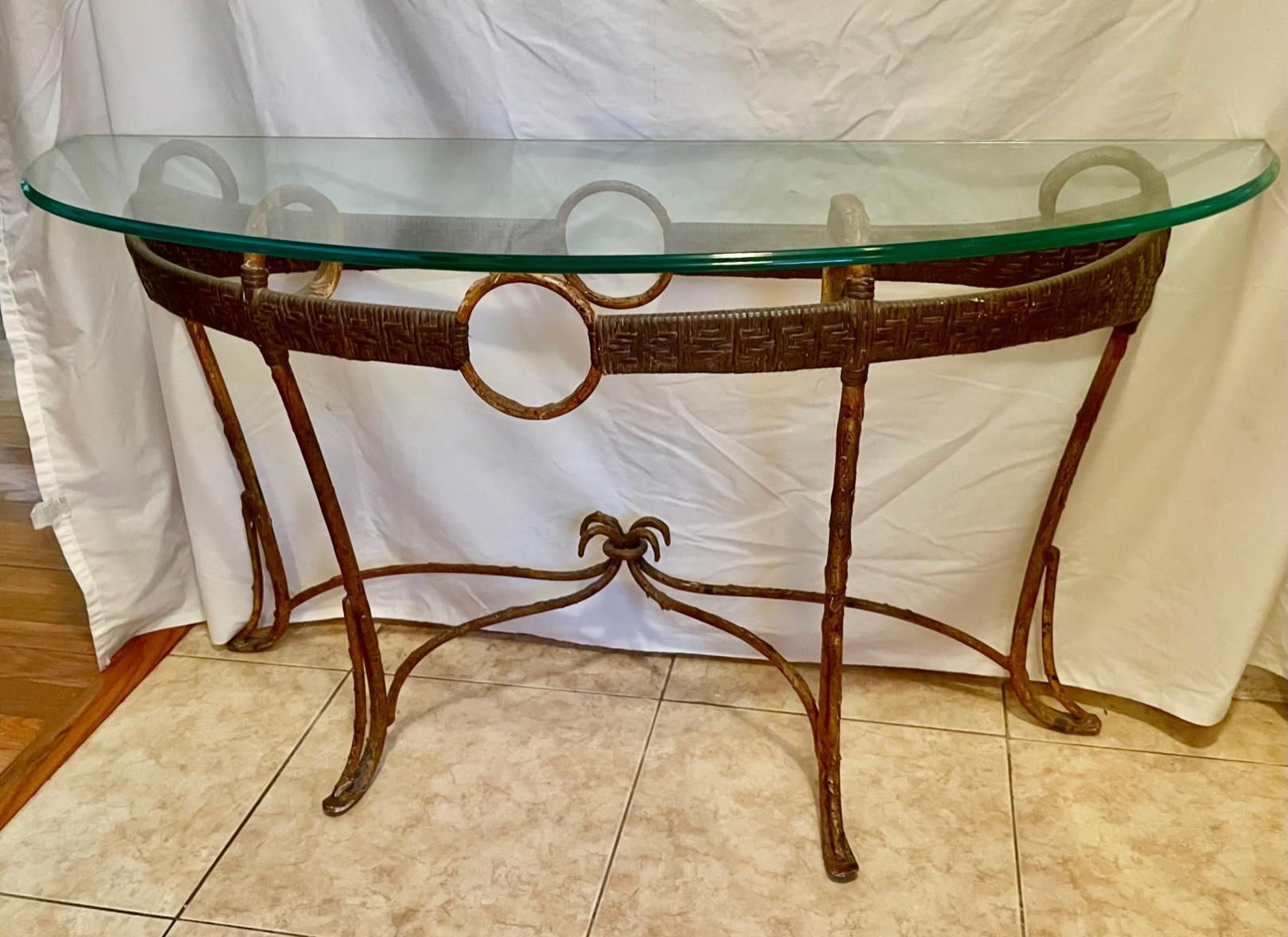 Hollywood Regency Style Faux Bamboo Iron Rattan Glass Demi Lune Console Table For Sale 3