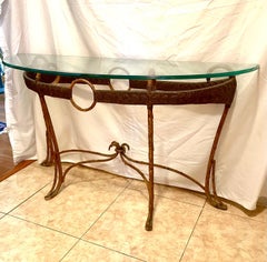 Hollywood Regency Style Faux Bamboo Iron Rattan Glass Demi Lune Console Table