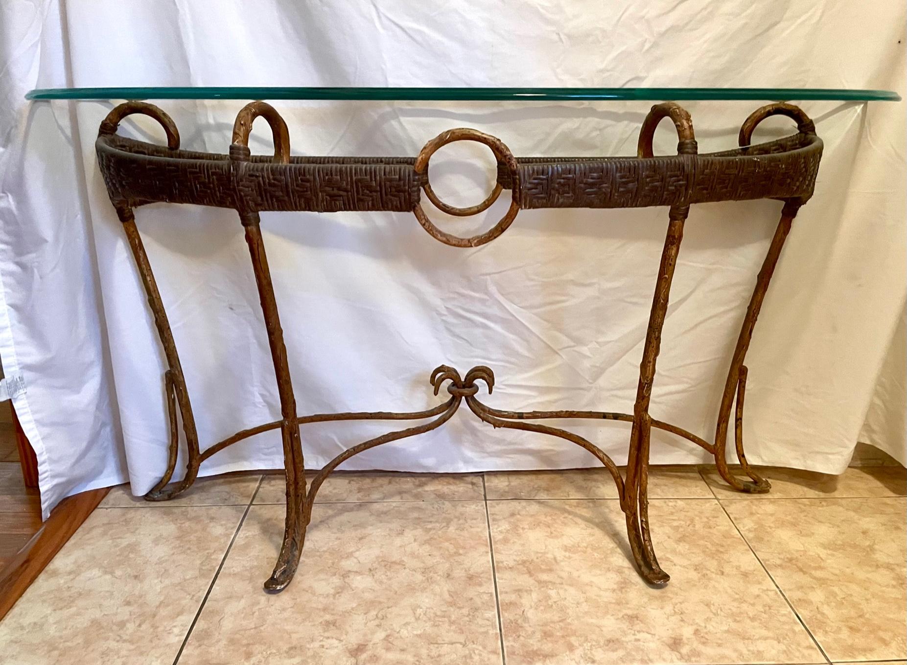Forged Hollywood Regency Style Faux Bamboo Iron Rattan Glass Demi Lune Console Table For Sale