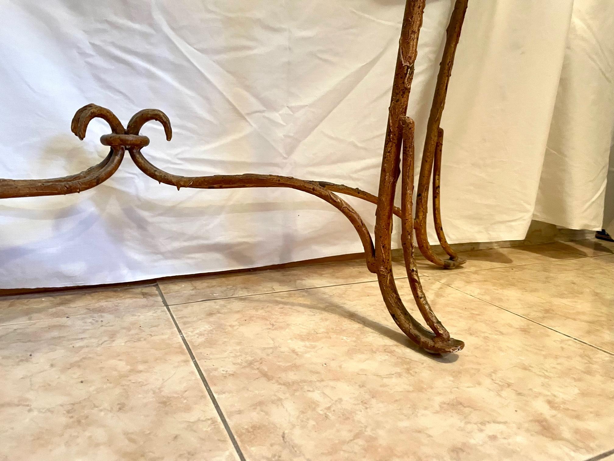 Hollywood Regency Style Faux Bamboo Iron Rattan Glass Demi Lune Console Table In Good Condition For Sale In Vero Beach, FL