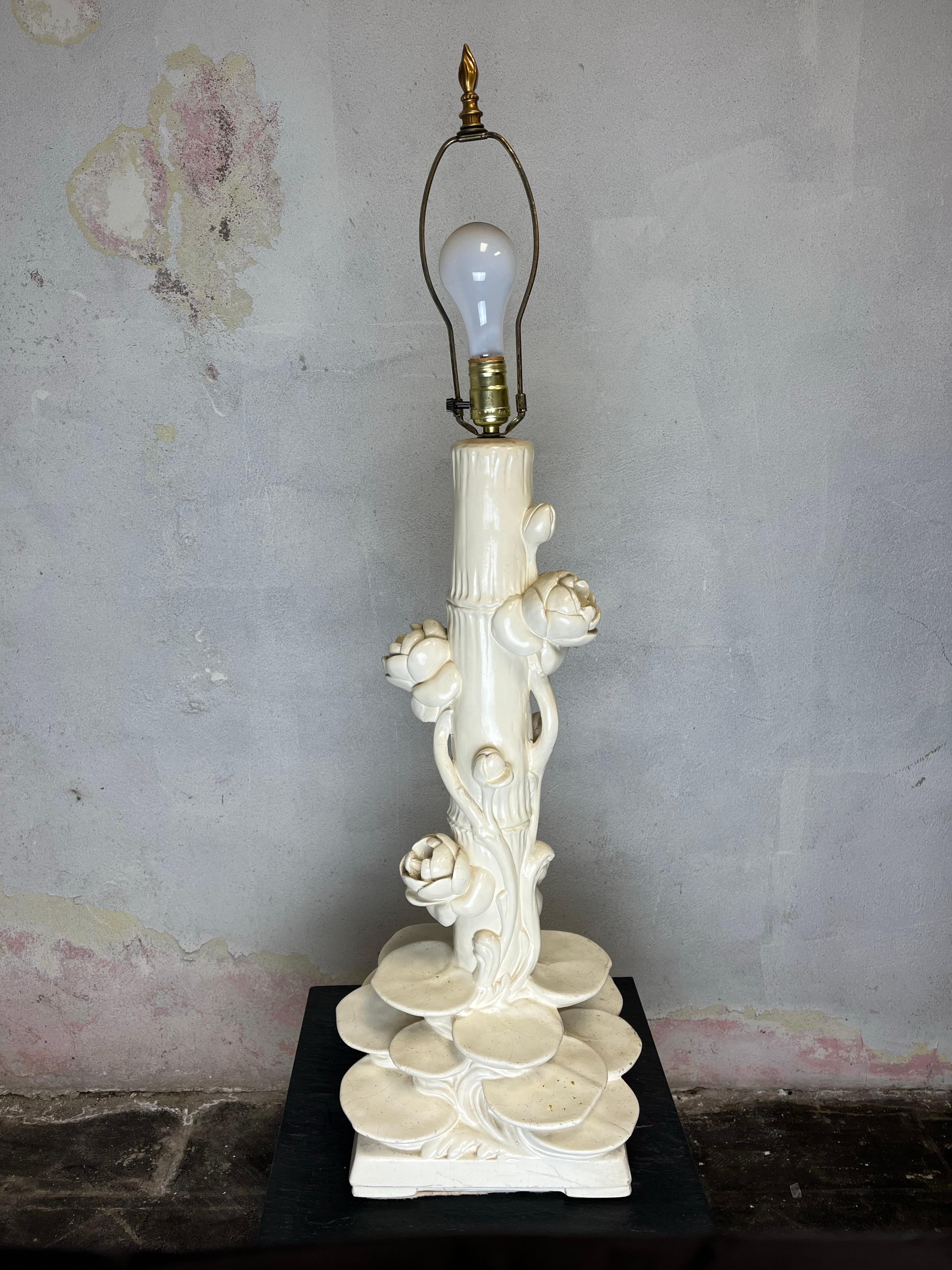 Italian Hollywood Regency Style Faux Bamboo Lotus Table Lamp For Sale