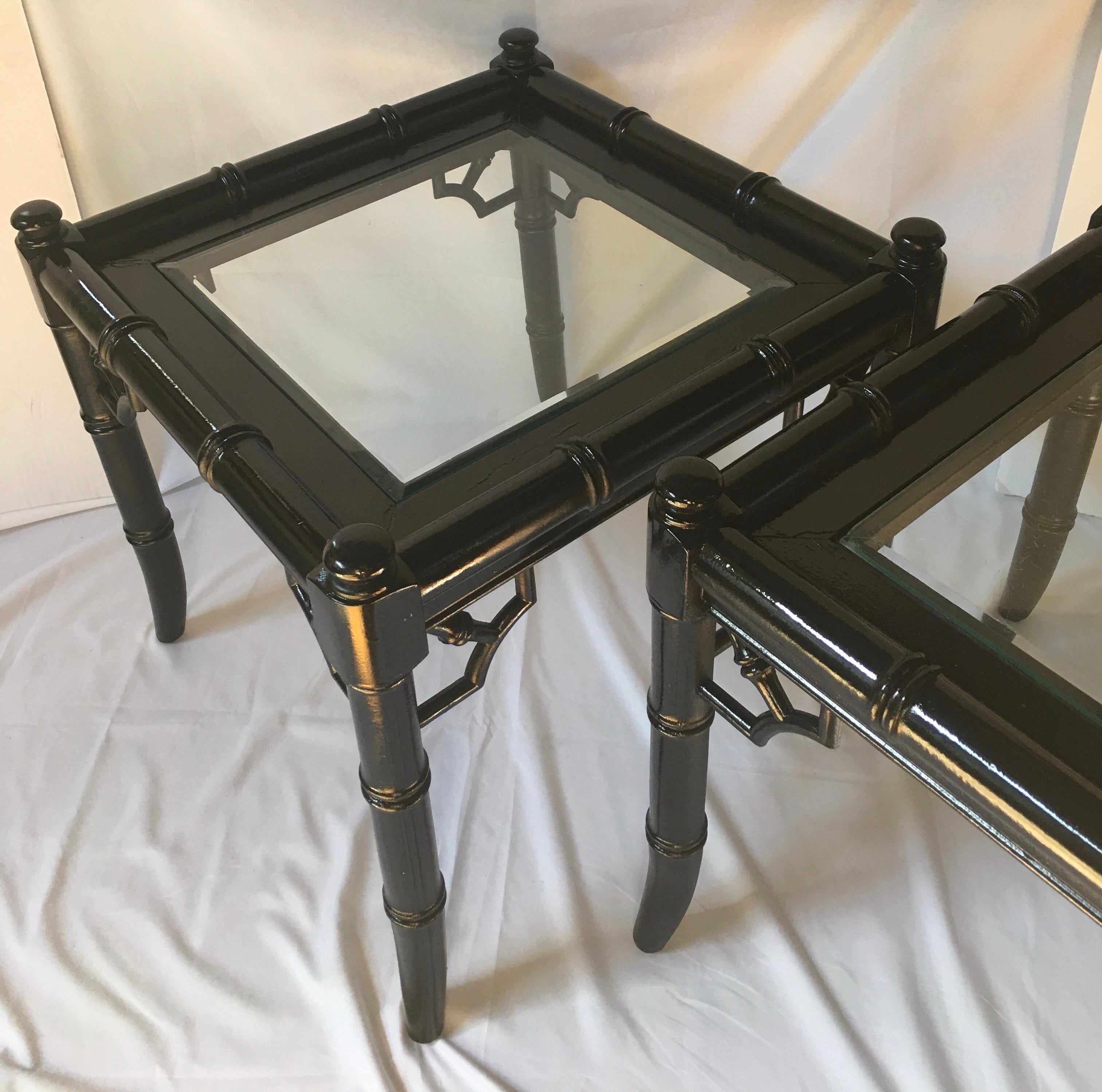 Hollywood Regency Style Faux Bamboo Reed Lacquered Bunching Cocktail Side Tables 1
