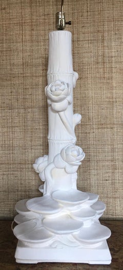 Hollywood Regency Style Faux Bamboo Sculptural Plaster Lotus Table Lamp