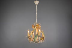 Hollywood Regency Style Floral Painted Metal Four-Light Chandelier, France
