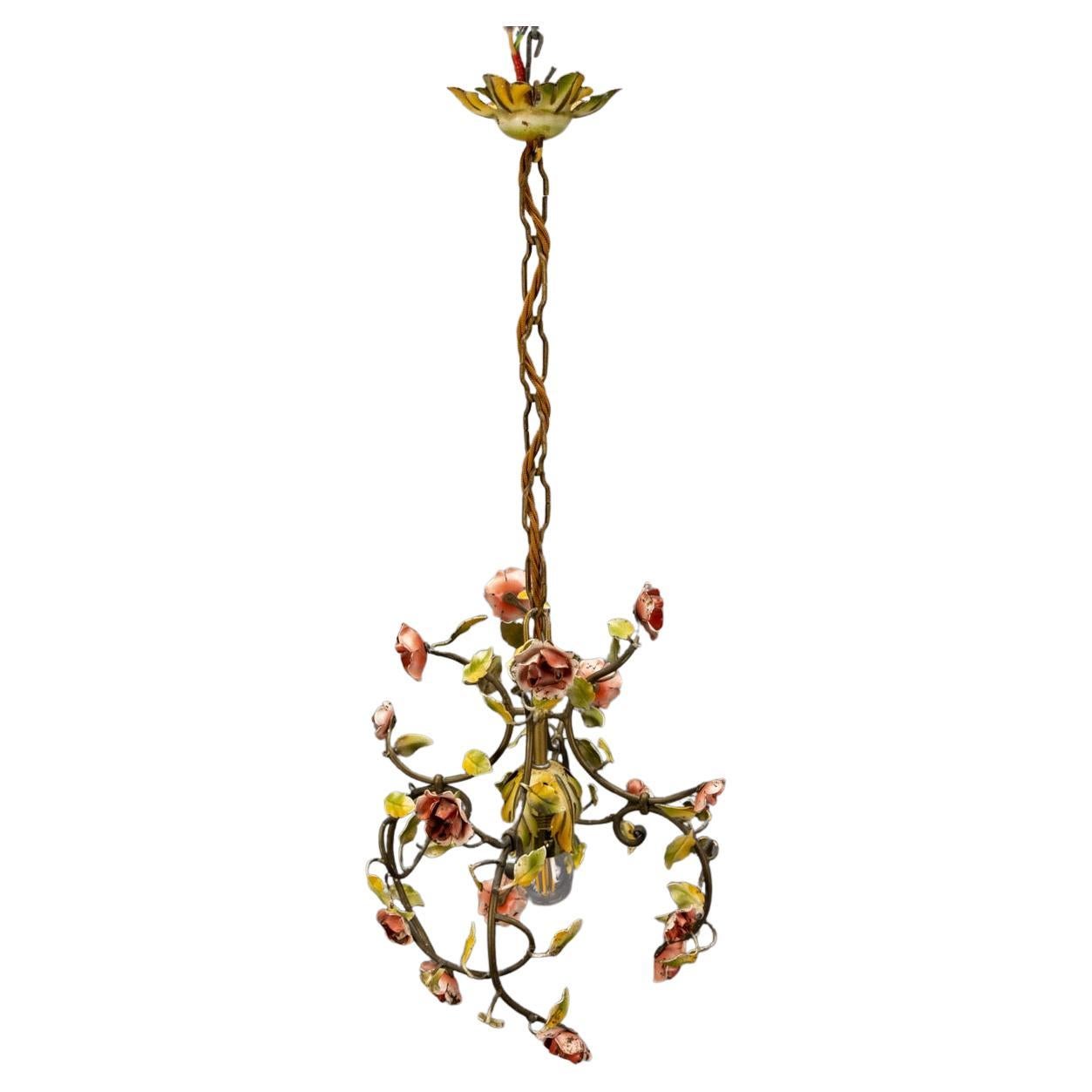 Hollywood Regency Style Floral Pastel Color Painted Metal Chandelier, 1950s