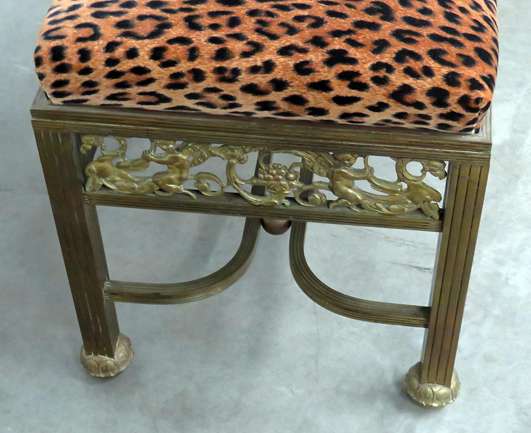 20th Century Cast Griffin French Regency Leopard Upholstered Foot Stool C1900