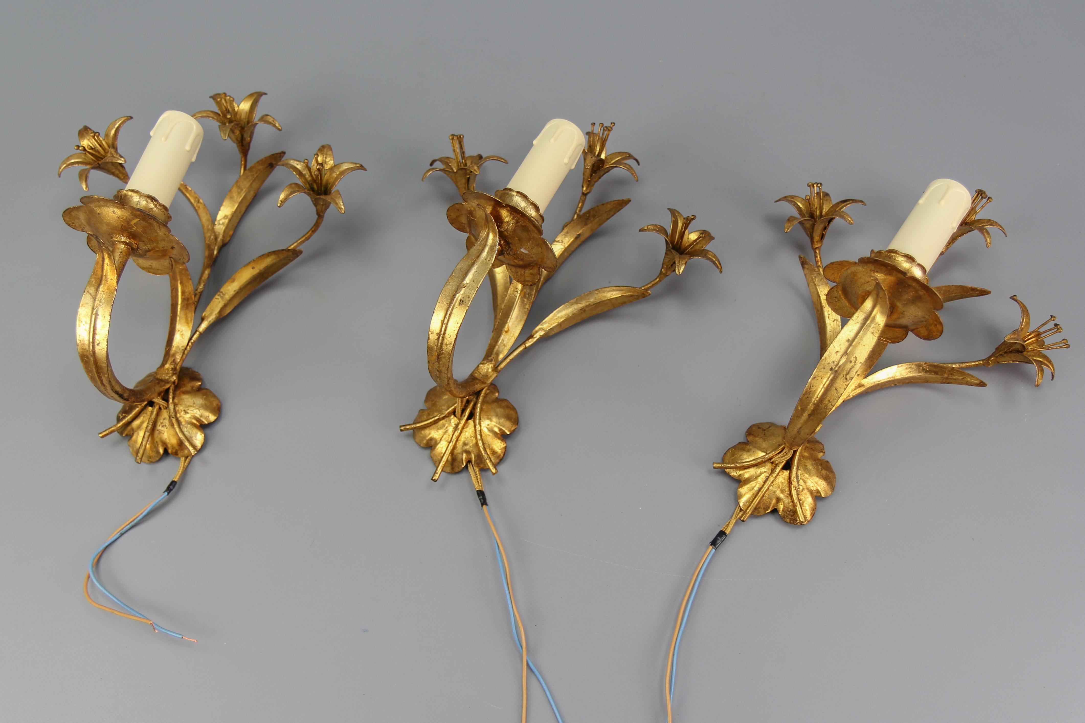 Hollywood Regency Style French Gilt Metal Lily Flower Wall Sconces, Set of Three 6